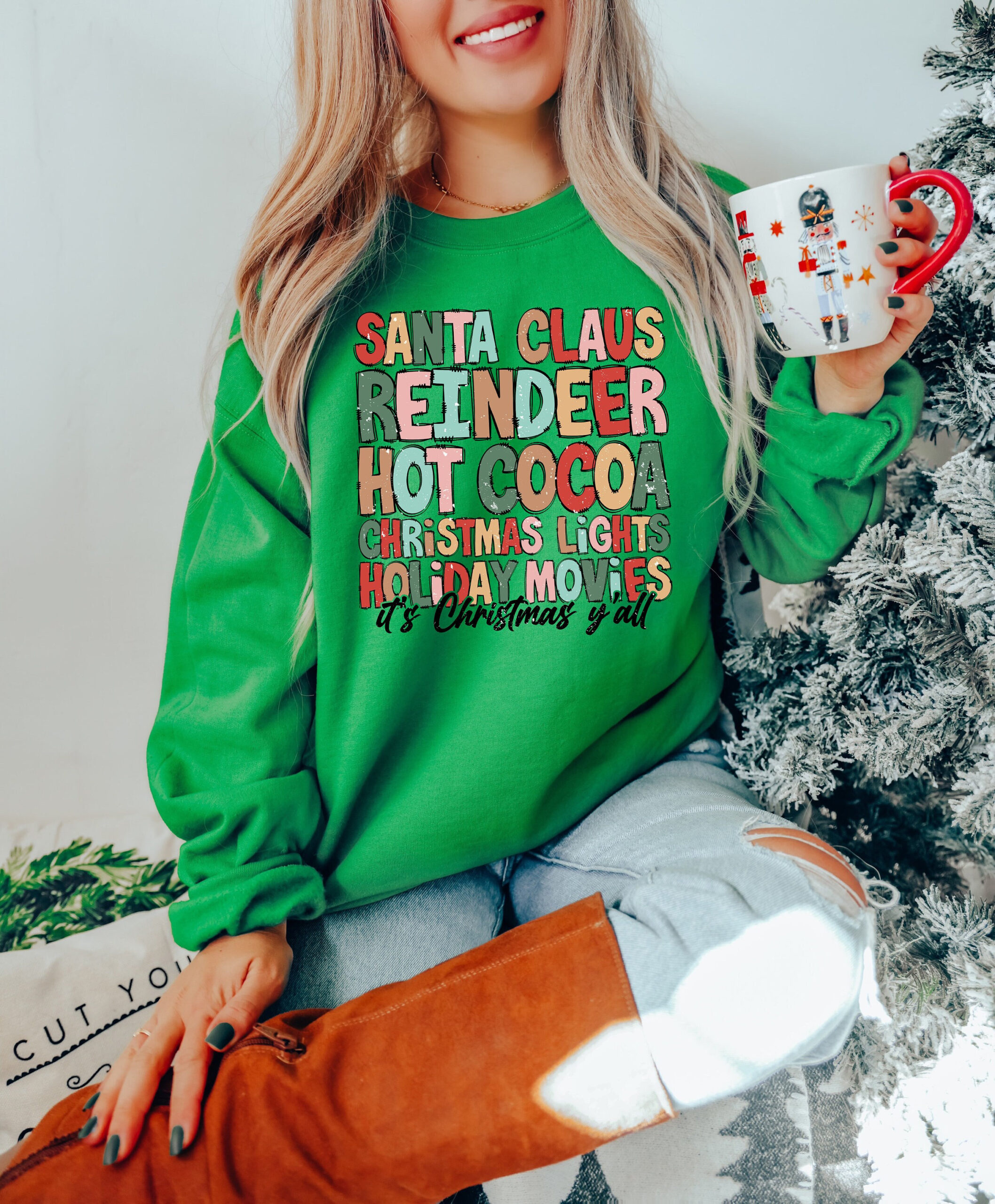 Santa Reindeer Hot Cocoa Christmas Lights Holiday Movies Shirt image 1