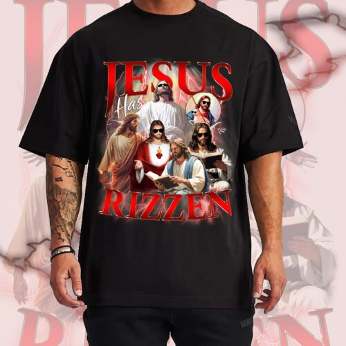 Jesus Has Rizzen Vintage Bootleg Design Retro 90s Graphic Funny Christian Faith Religious Easter Shirt image 0