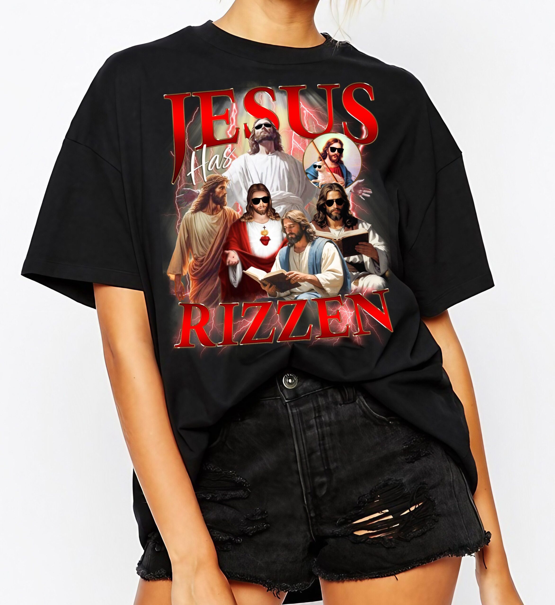 Jesus Has Rizzen Vintage Bootleg Design Retro 90s Graphic Funny Christian Faith Religious Easter Shirt image 2