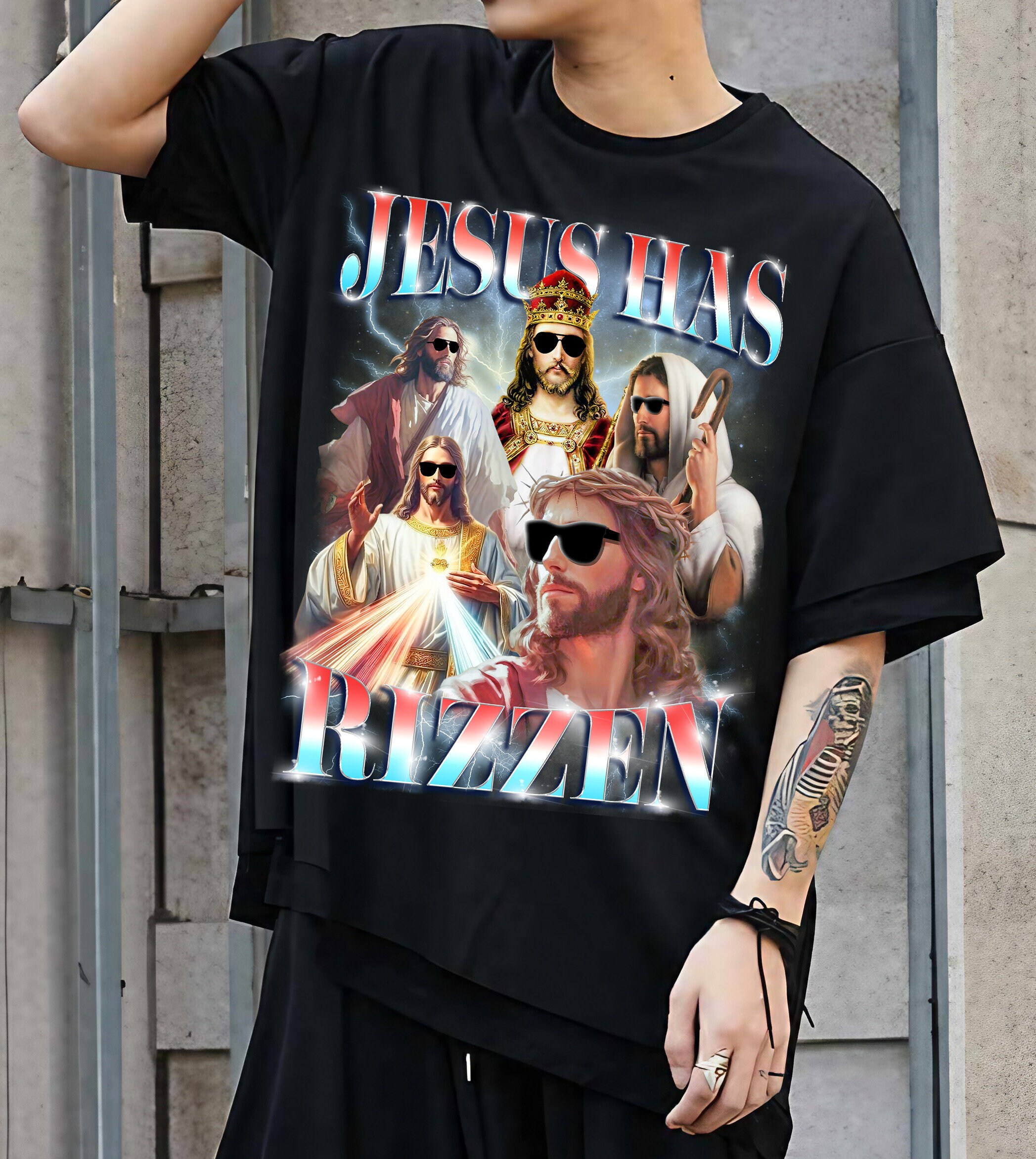 Jesus Has Rizzen Retro 90s Graphic Bootleg Easter Funny Christian Faith Religious Shirt image 2