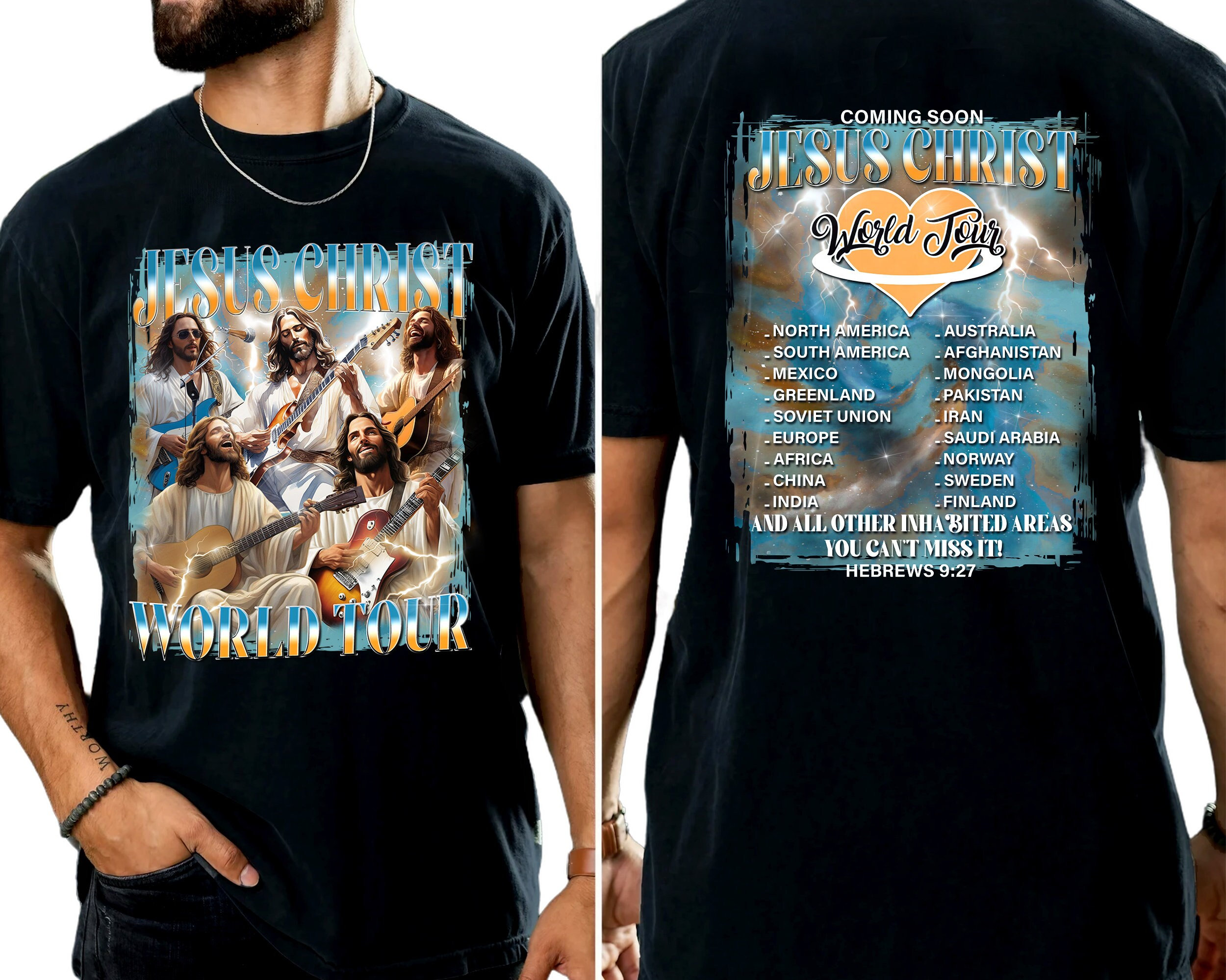 Retro 90s Jesus Bootleg Design Funny Christian Easter Christ World Tour Playing Guitar Sublimation Shirt image 0