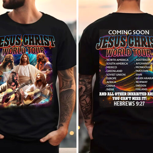 Funny Christ World Tour Bootleg Design Resurrection Sunday Christian Easter Day Jesus Playing Guitar Shirt image 0