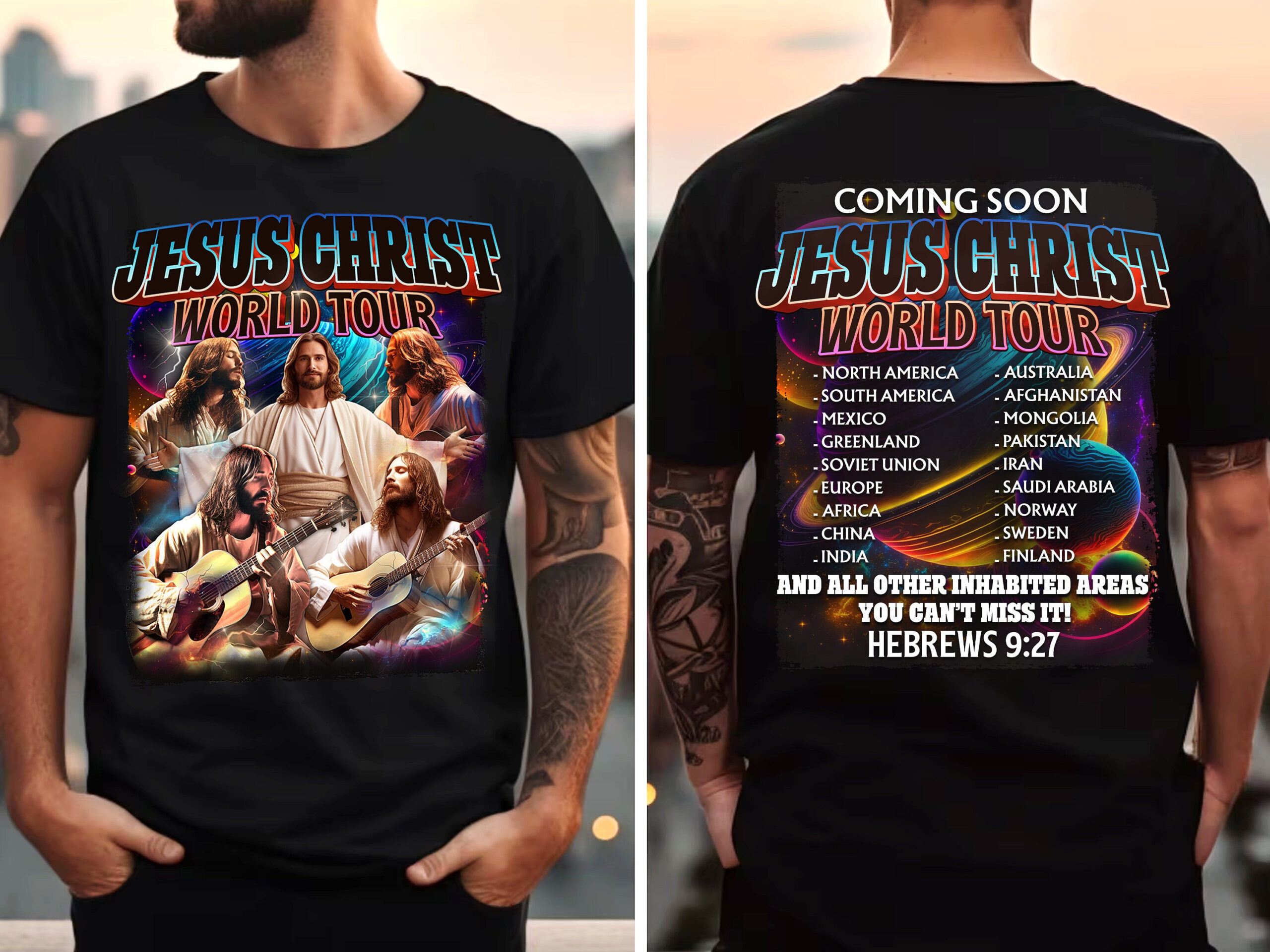 Funny Christ World Tour Bootleg Design Resurrection Sunday Christian Easter Day Jesus Playing Guitar Shirt image 0