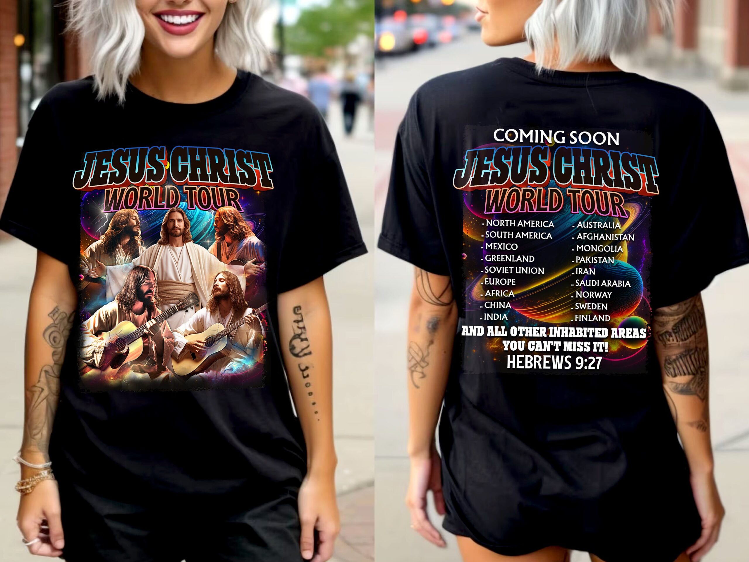 Funny Christ World Tour Bootleg Design Resurrection Sunday Christian Easter Day Jesus Playing Guitar Shirt image 2