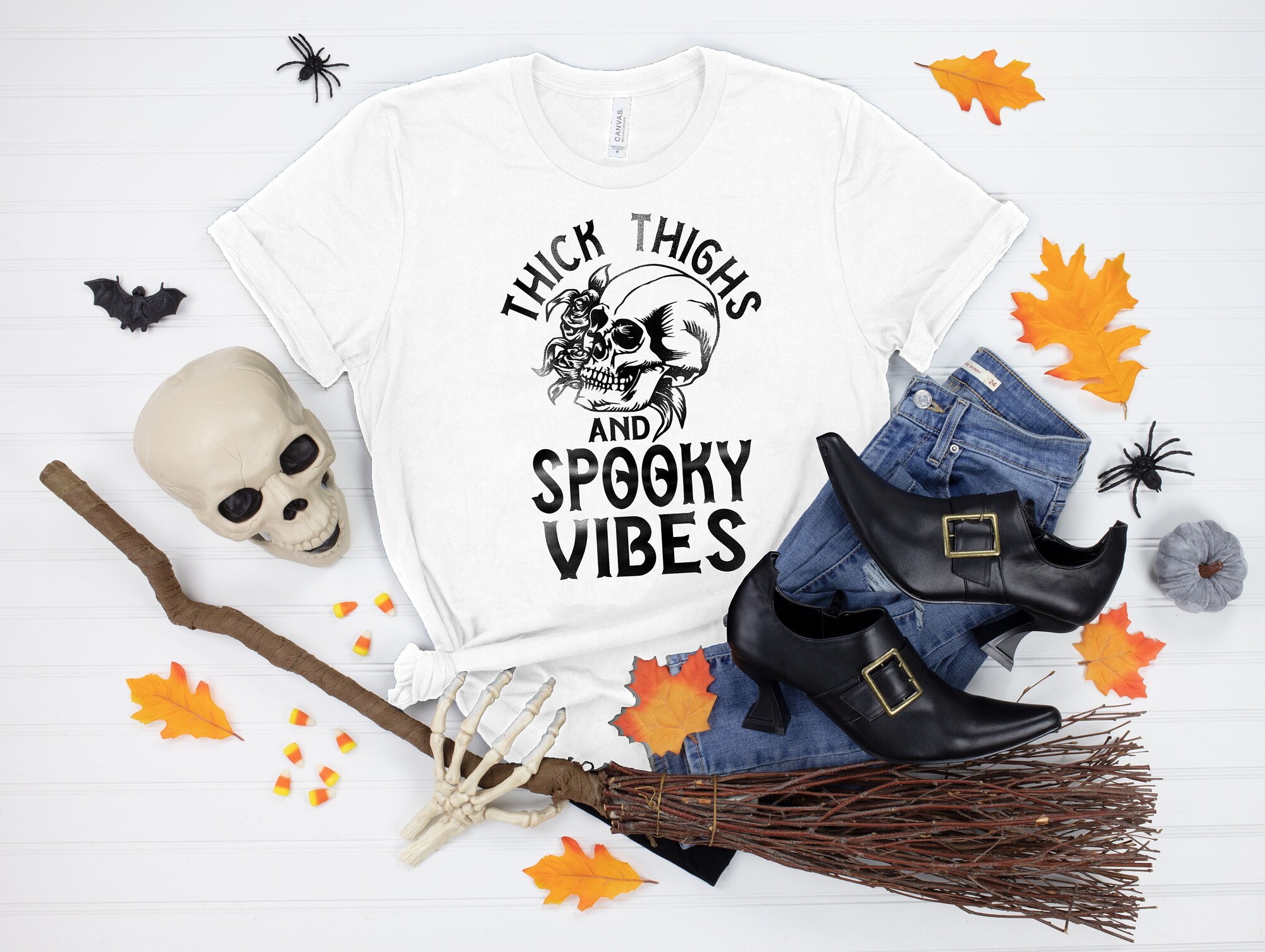 Thick Thighs and Spooky Vibes Halloween Town Shirt image 0