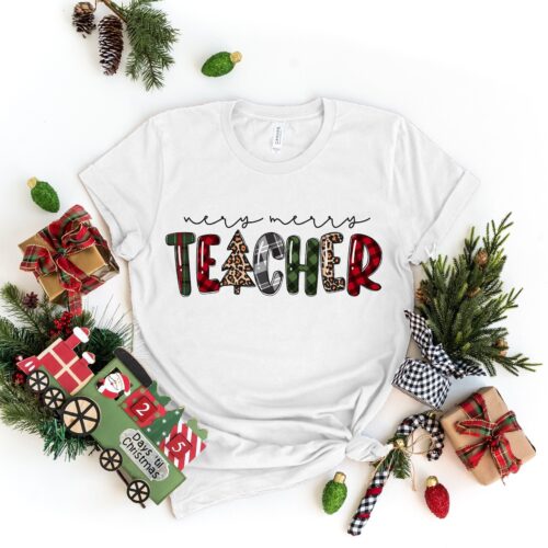 Very Merry Teacher Shirt | Christmas Gift for Teacher Holiday Spirit image 0