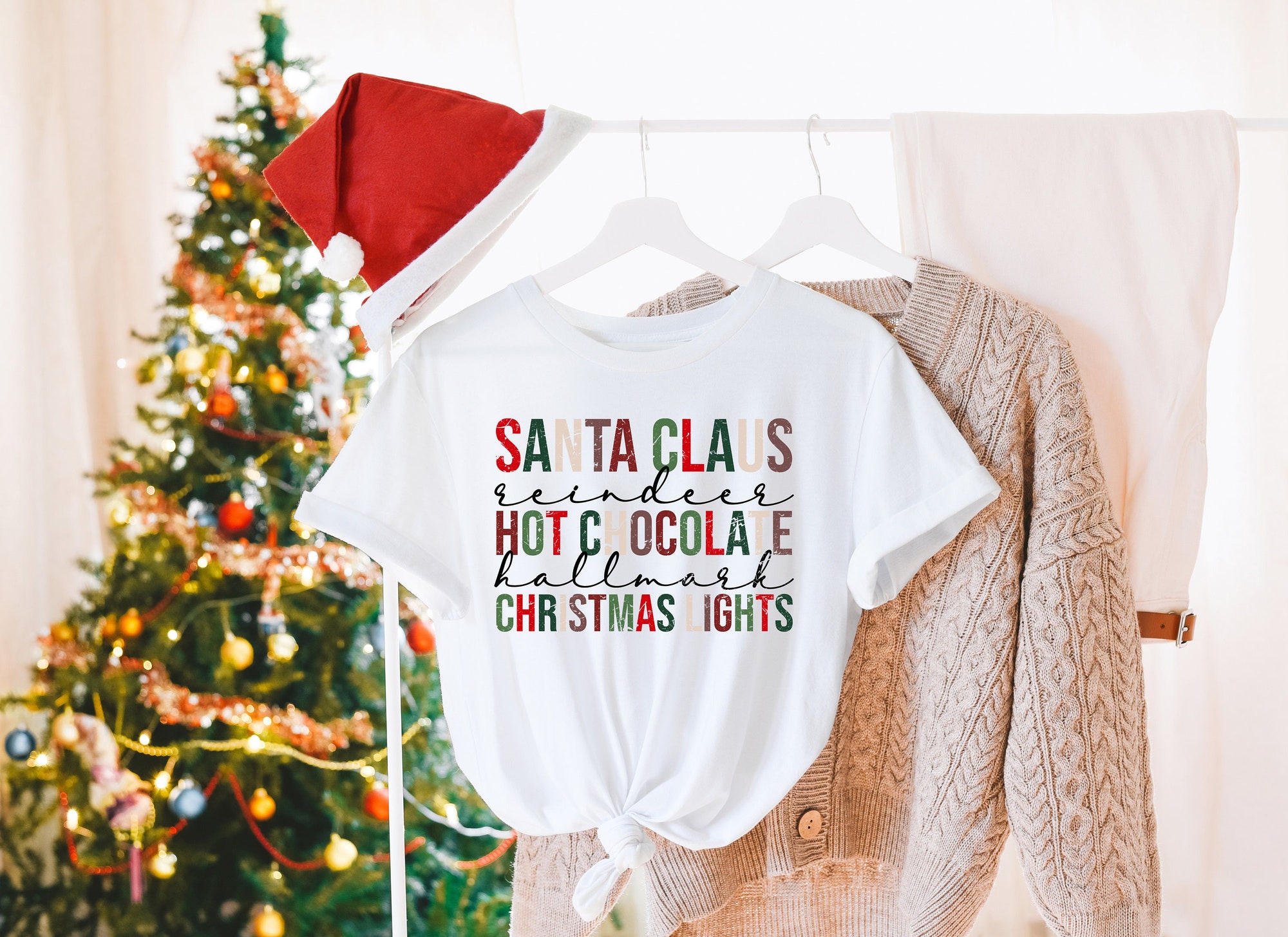 Santa Claus Shirt: Hot Chocolate Christmas Lights Tis The Season Tee image 0