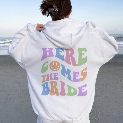 Here Comes the Bride Hoodie, Retro Bachelorette Party, Bride Bridesmaid Hoodie, Groovy Trendy Back Design Shirt, Oversized Y2K Aesthetic image 0