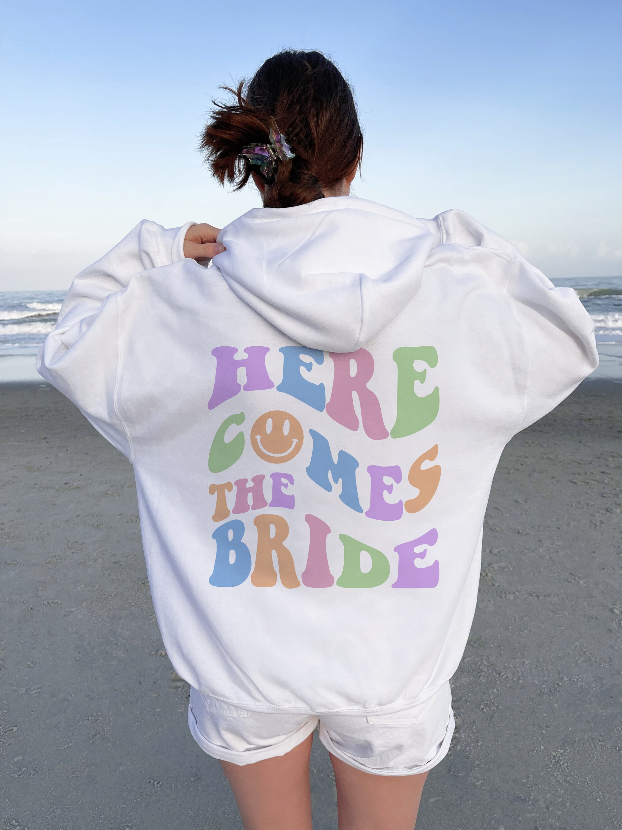 Here Comes the Bride Hoodie, Retro Bachelorette Party, Bride Bridesmaid Hoodie, Groovy Trendy Back Design Shirt, Oversized Y2K Aesthetic image 0