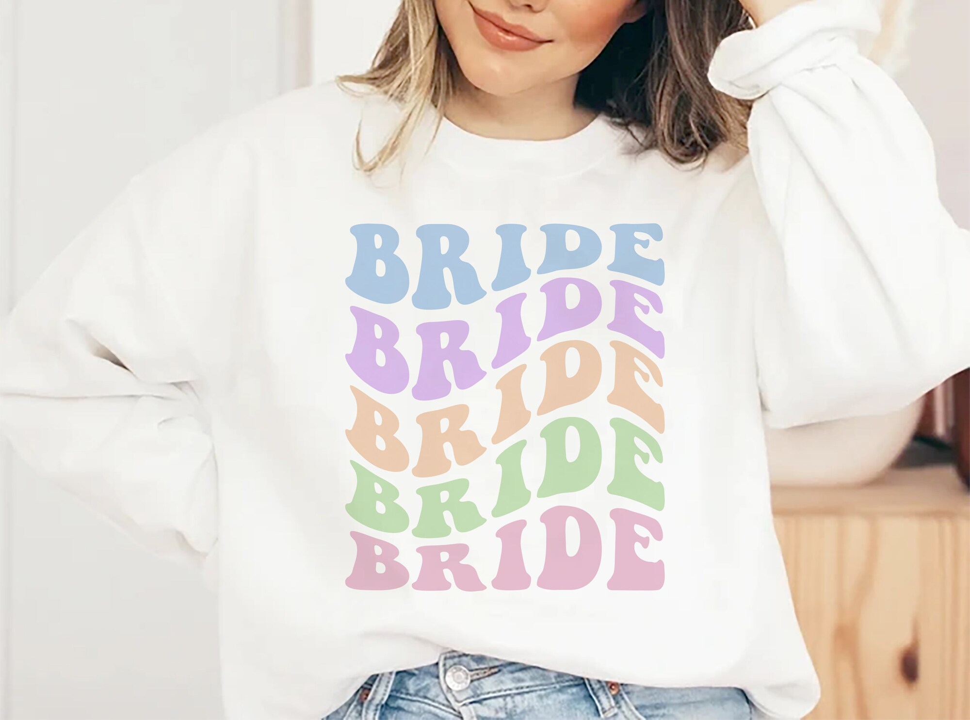 Retro Bride Sweatshirt, Pastel Bride Shirt, Bridal Party Shirt, Bachelorette Party Shirt, Retro Aesthetic Shirt, Preppy Shirt, Boho Trendy image 0