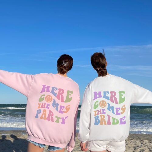 Here Comes the Bride Sweatshirt, Bachelorette Party Bridesmaid Shirt, Trendy Bridal Shirt, Back Design, Aesthetic Preppy Shirt, Retro Y2K image 0