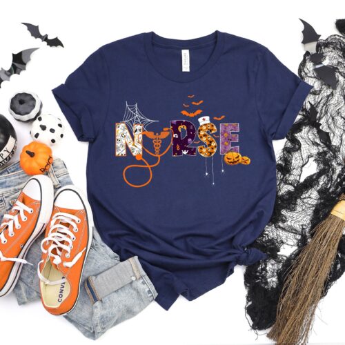 Halloween Nurse Spooky School Life Caduceus Pumpkin Shirt image 0