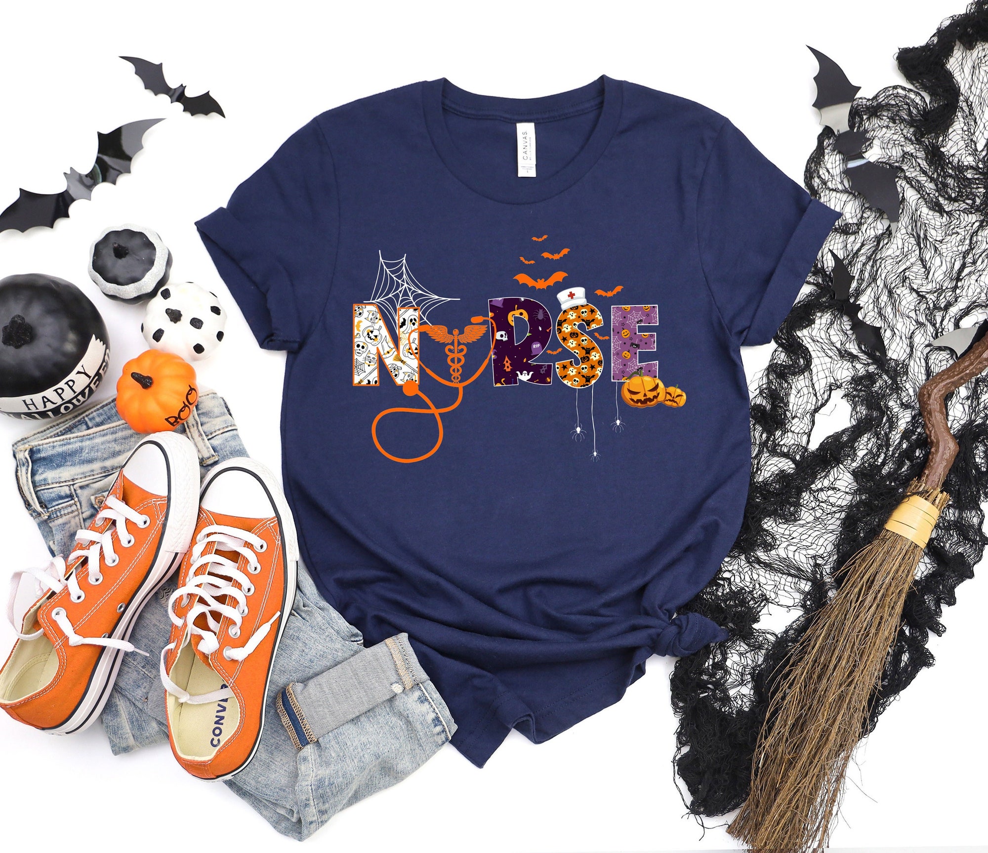 Halloween Nurse Spooky School Life Caduceus Pumpkin Shirt image 0