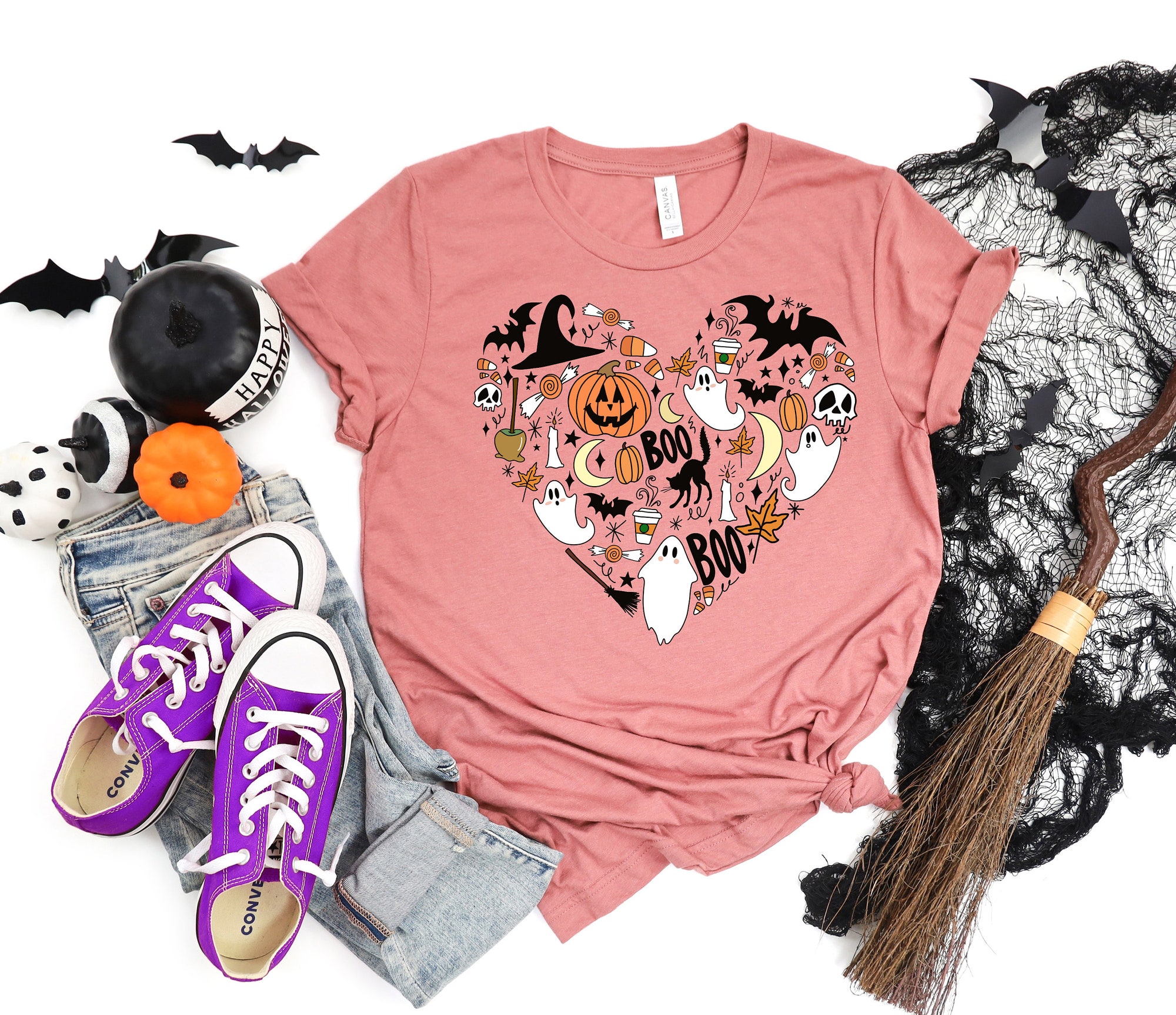 Cute Halloween Women Teacher Mom Fall Pumpkin Witch Boo Shirt image 2