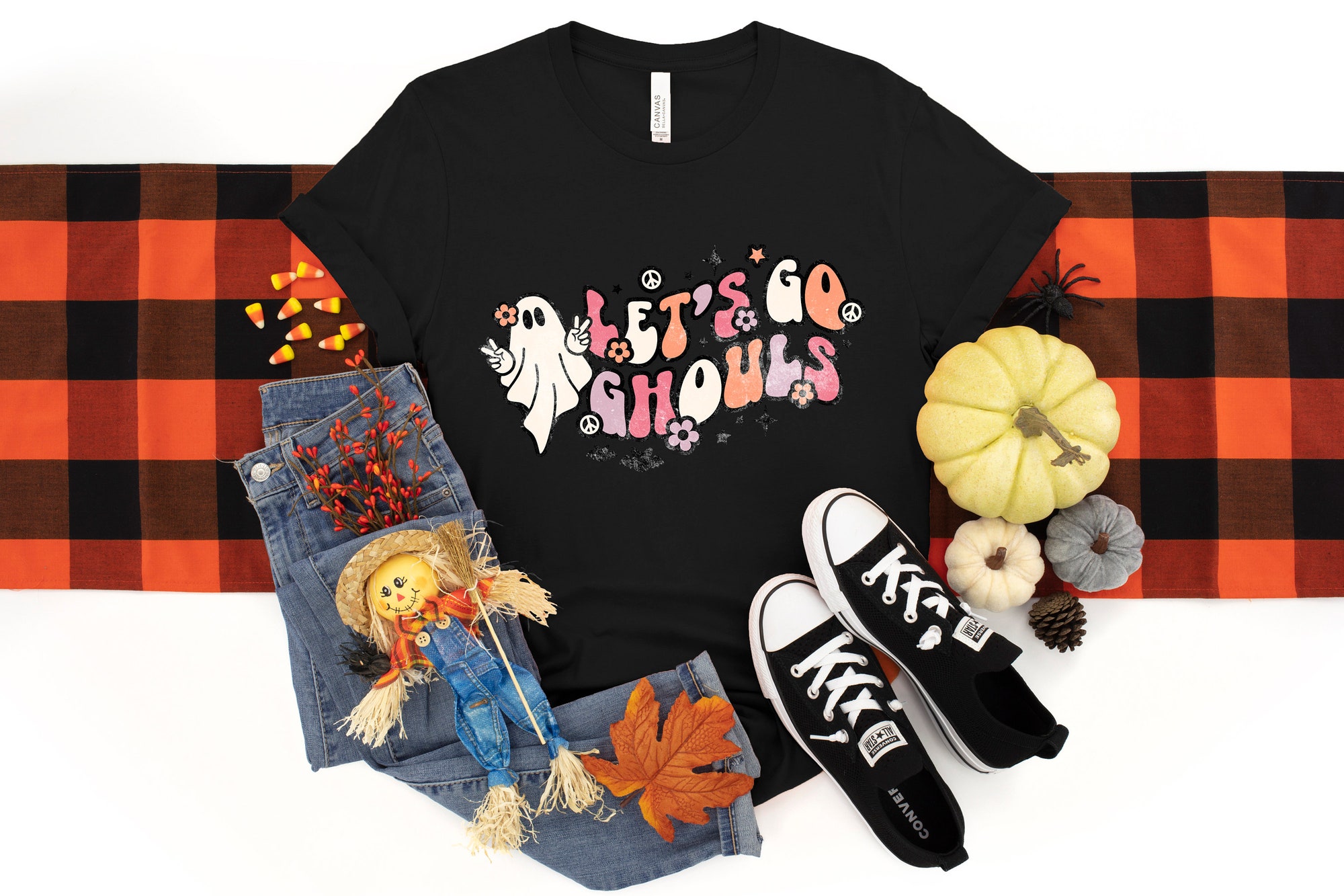 Let's Go Ghouls Halloween Black Cat Pumpkin Shirt image 2