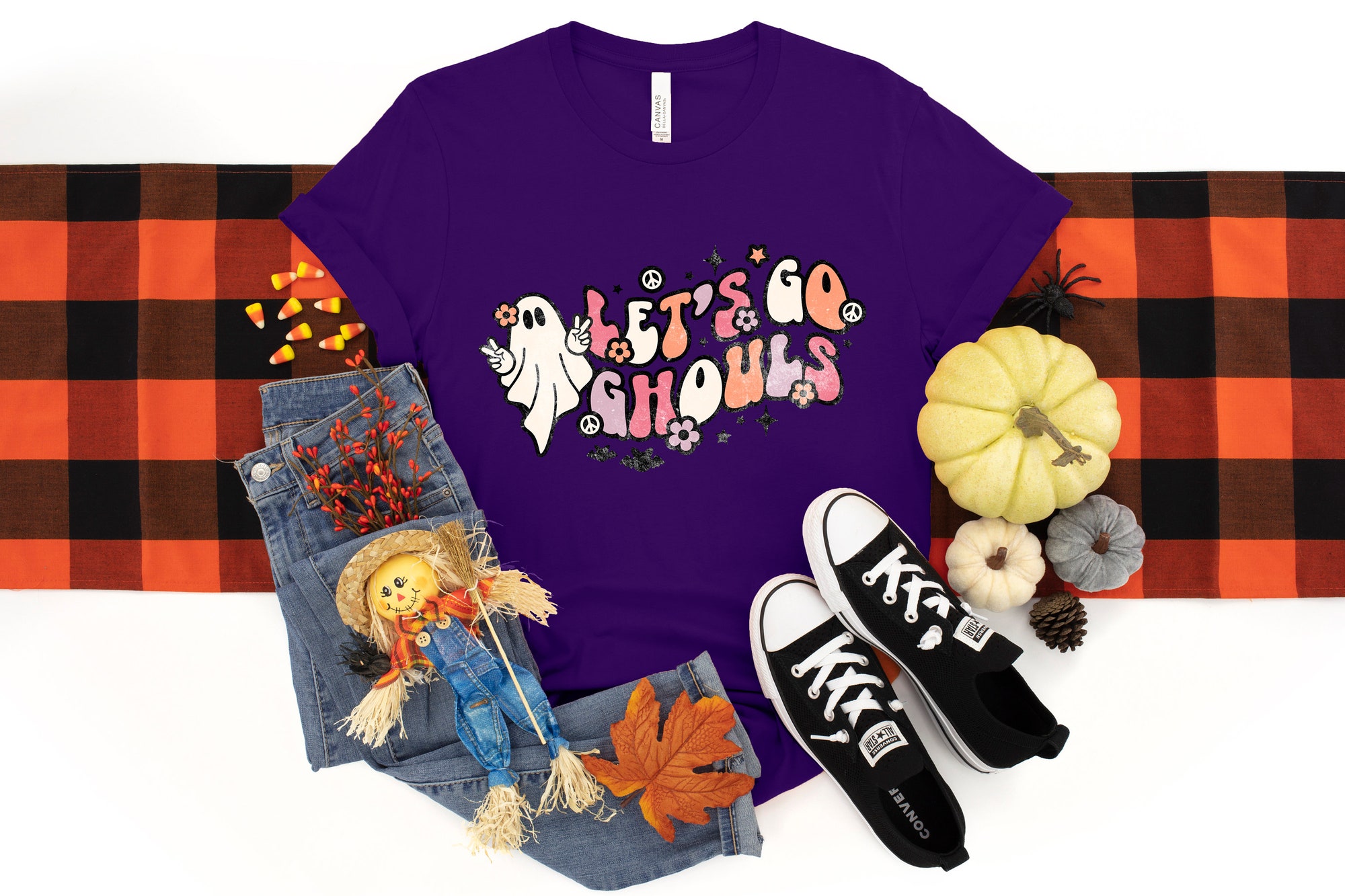 Let's Go Ghouls Halloween Black Cat Pumpkin Shirt image 1