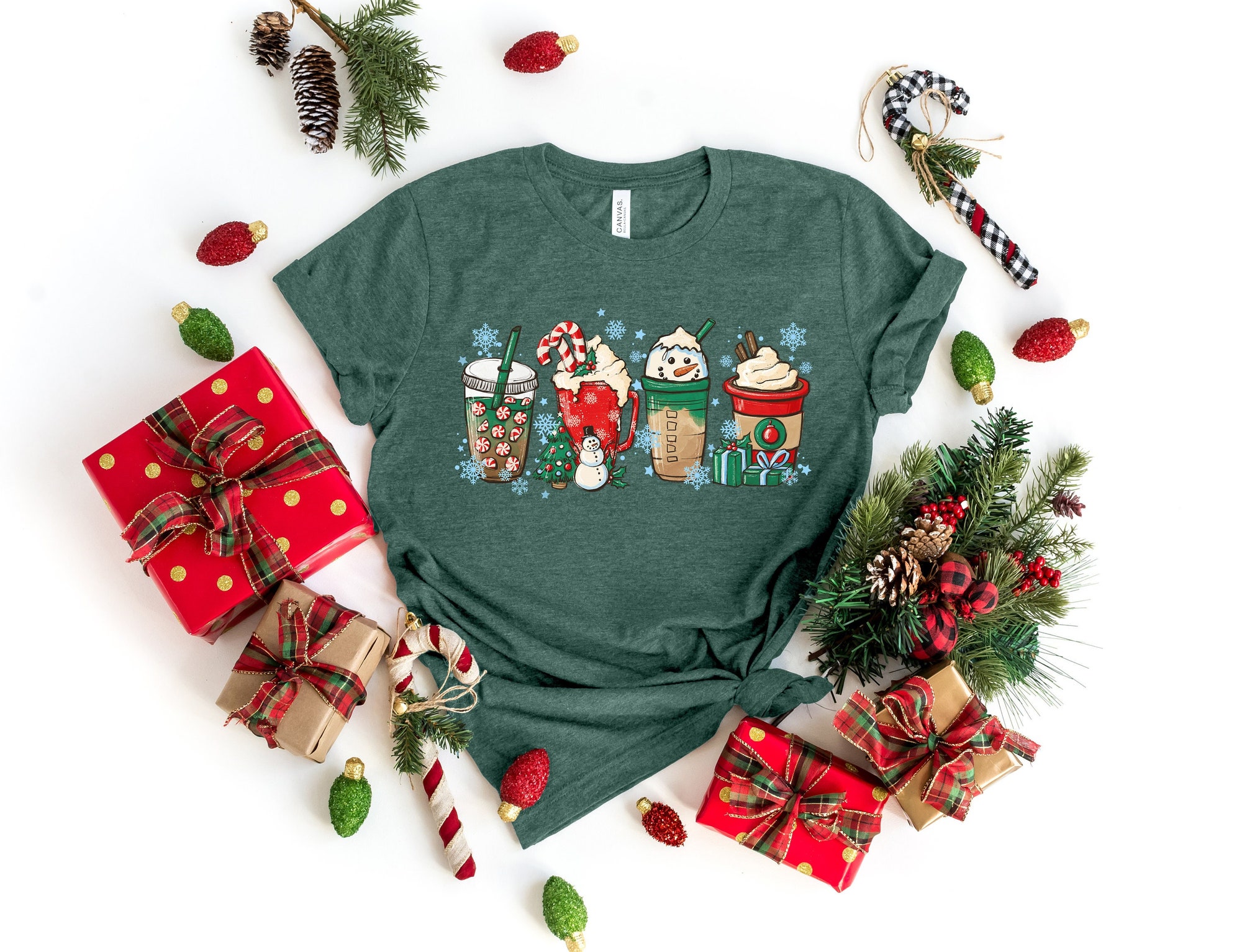 "Christmas Coffee Shirt: Peppermint Iced Latte Snowmen Sweets Snow Women Shirt" image 0