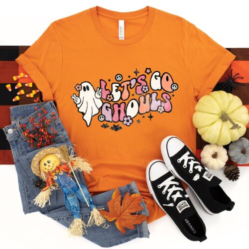 Let's Go Ghouls Halloween Black Cat Pumpkin Shirt image 0