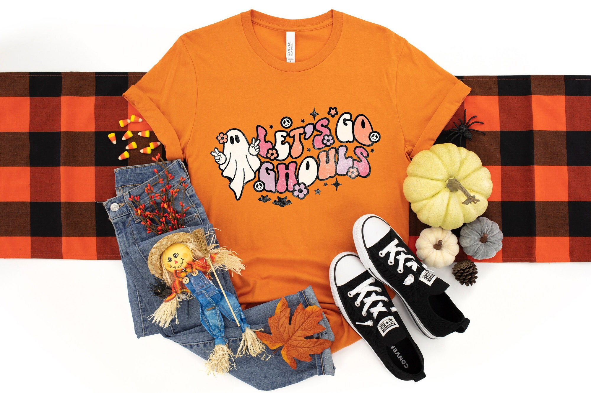 Let's Go Ghouls Halloween Black Cat Pumpkin Shirt image 0