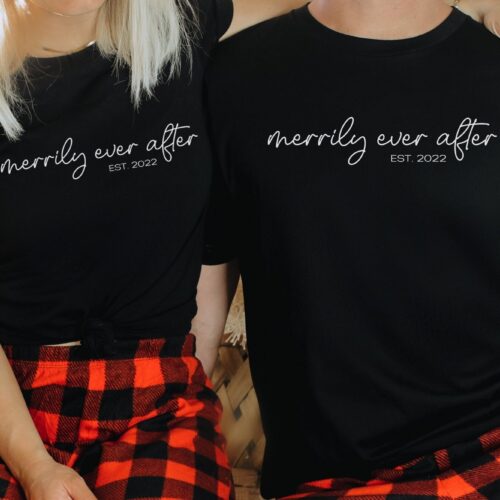 Custom Date Xmas Shirts for Couples: Personalized Merrily Ever After Tees image 0