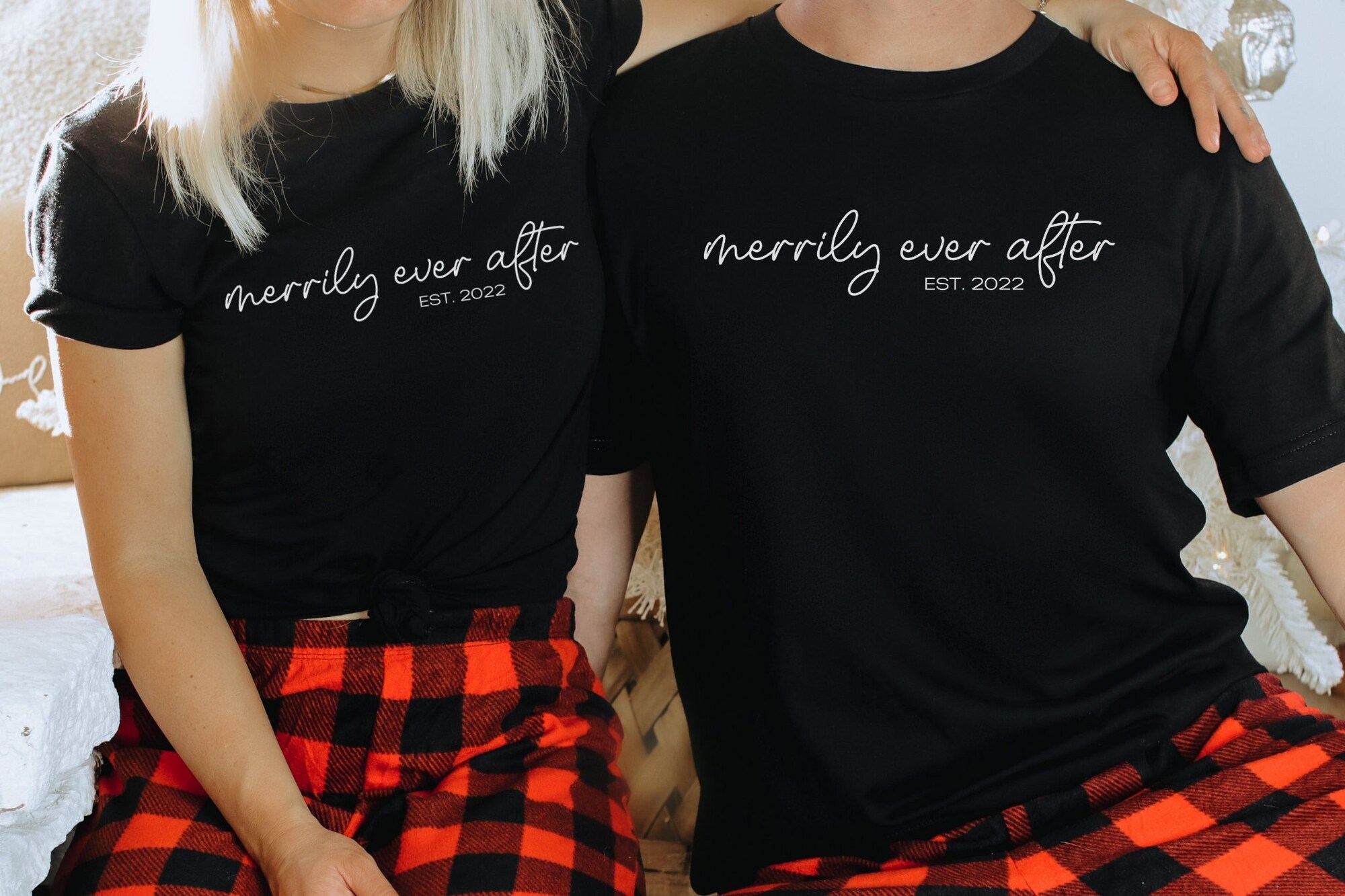 Custom Date Xmas Shirts for Couples: Personalized Merrily Ever After Tees image 0