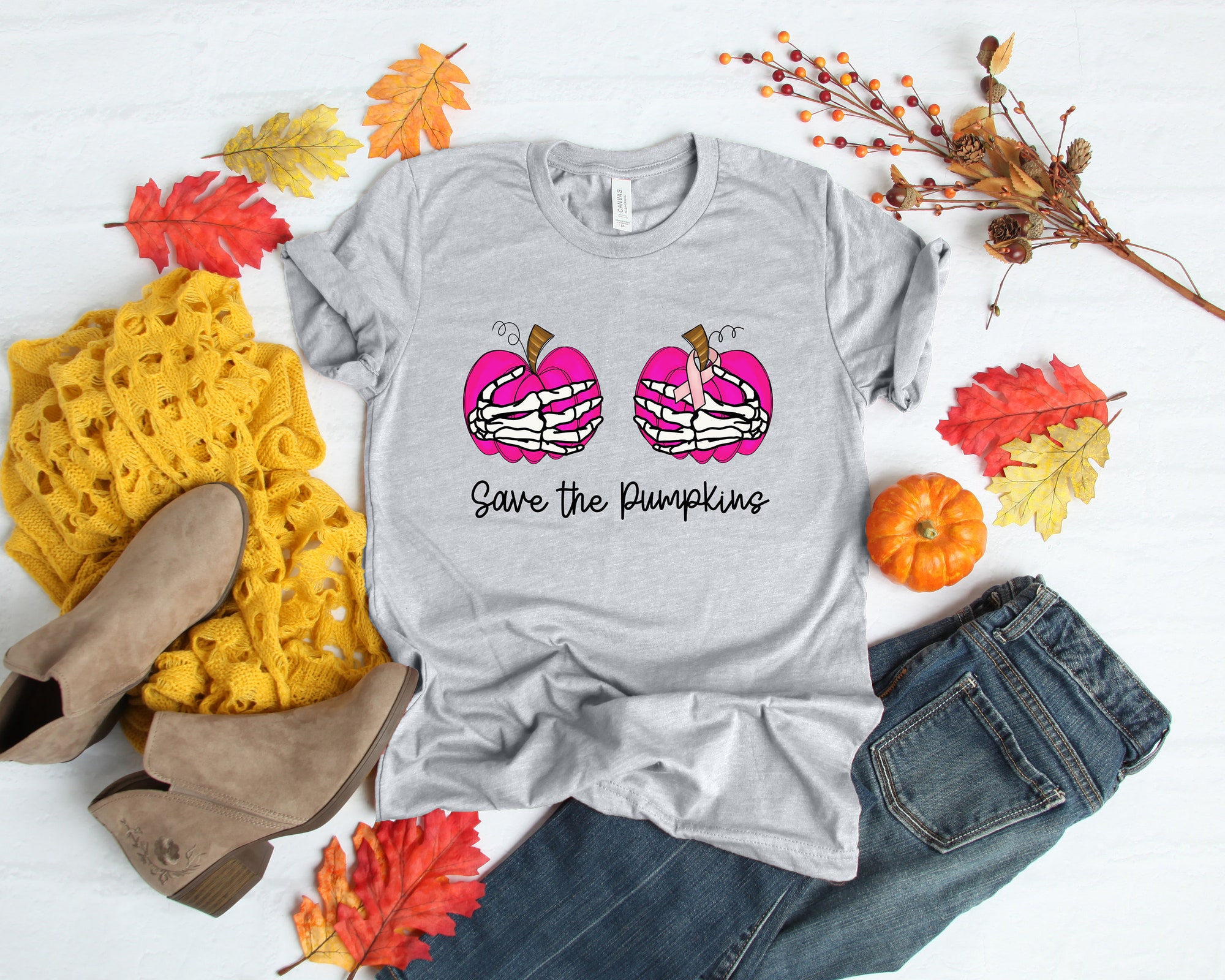 Skeleton, Save The Pumpkins Shirt, Save the Pumpkin, Pink Ribbon, Breast Cancer , Birthday gift, Breast Cancer Awareness Shirt, Halloween image 2