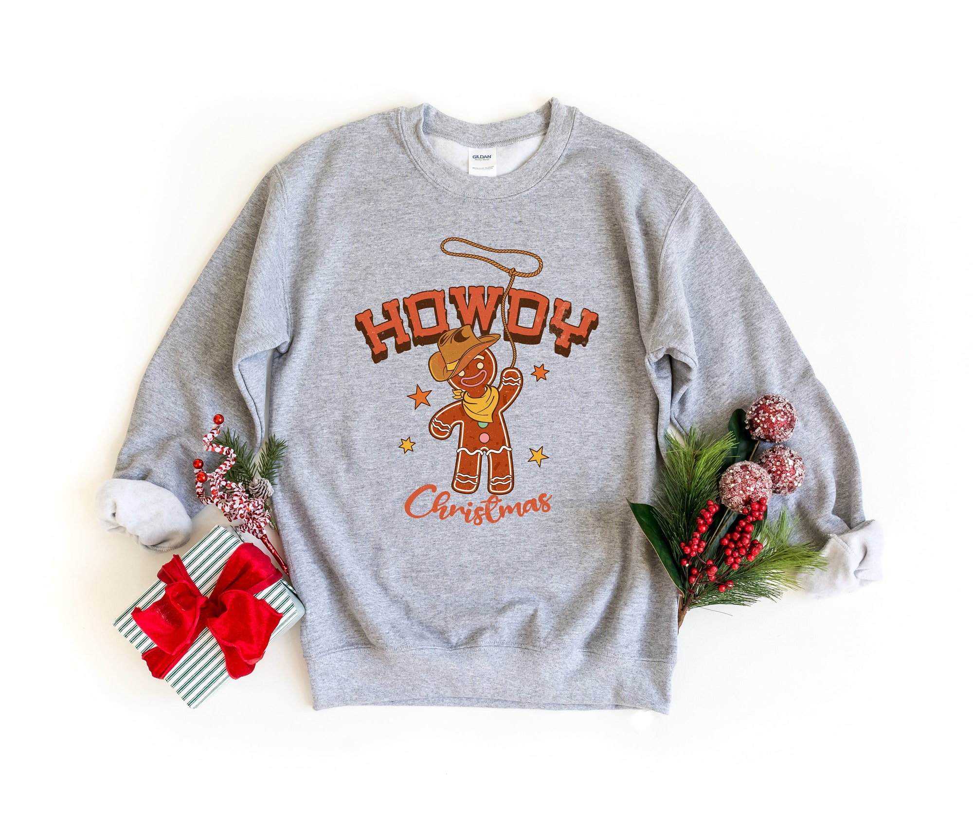 Howdy Gingerbread Cookie Christmas Sweatshirt | Santa Cowboy Retro Tee image 2