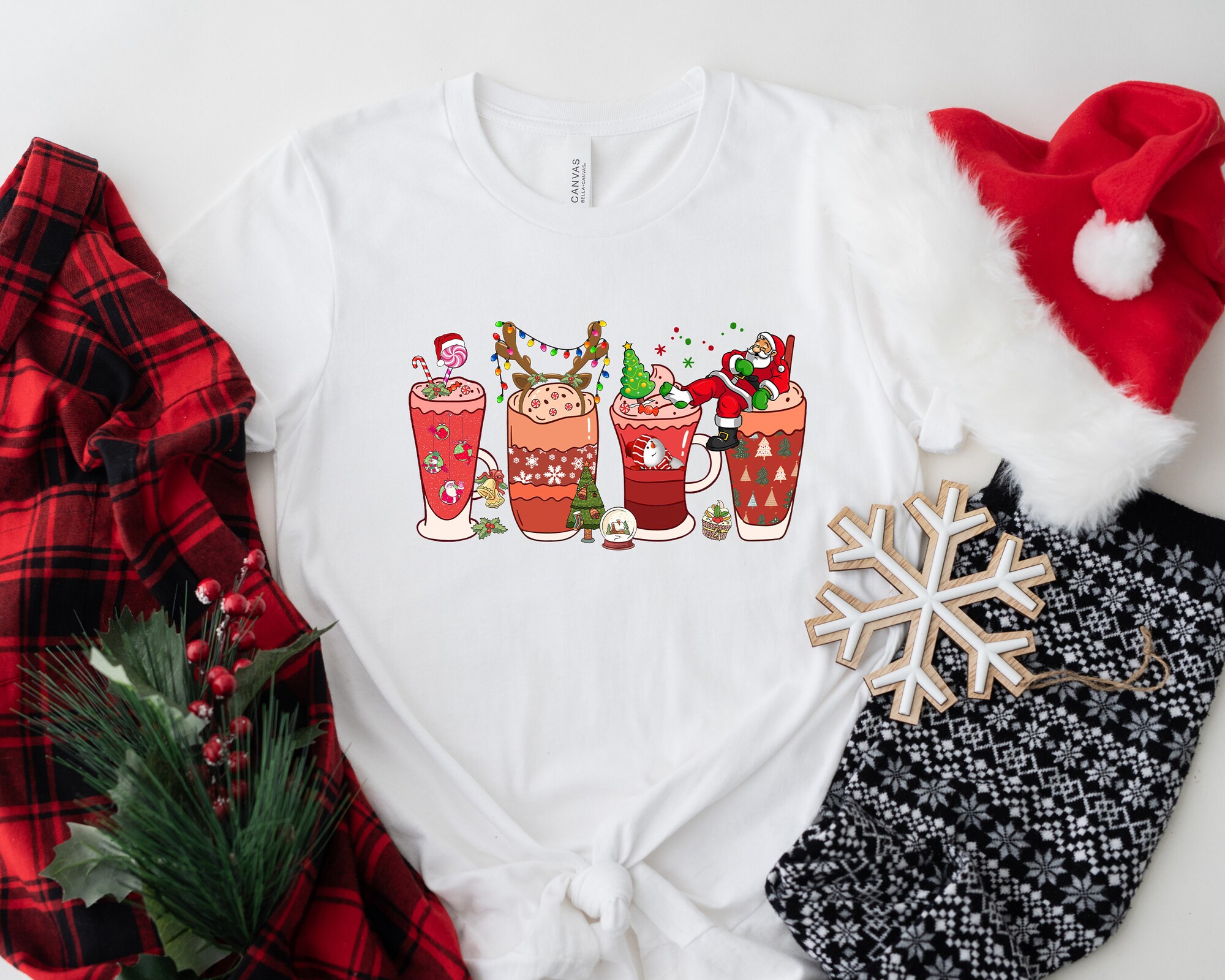 Santa Coffee Shirt | Christmas Snowmen & Deer Design | Cozy Winter Tee image 1