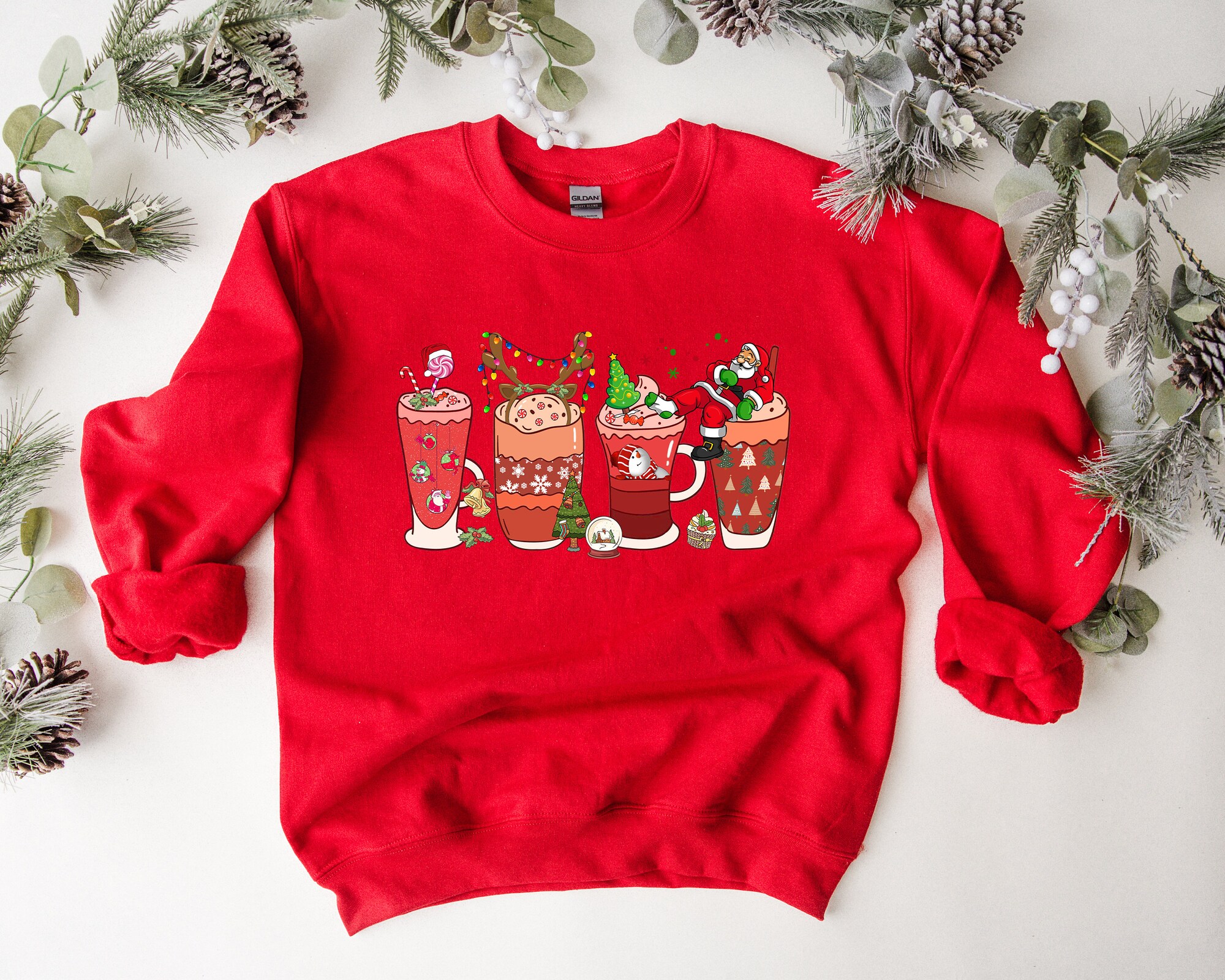 Santa Coffee Shirt | Christmas Snowmen & Deer Design | Cozy Winter Tee image 2