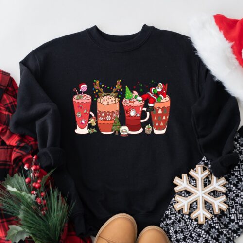 Santa Coffee Shirt | Christmas Snowmen & Deer Design | Cozy Winter Tee image 0