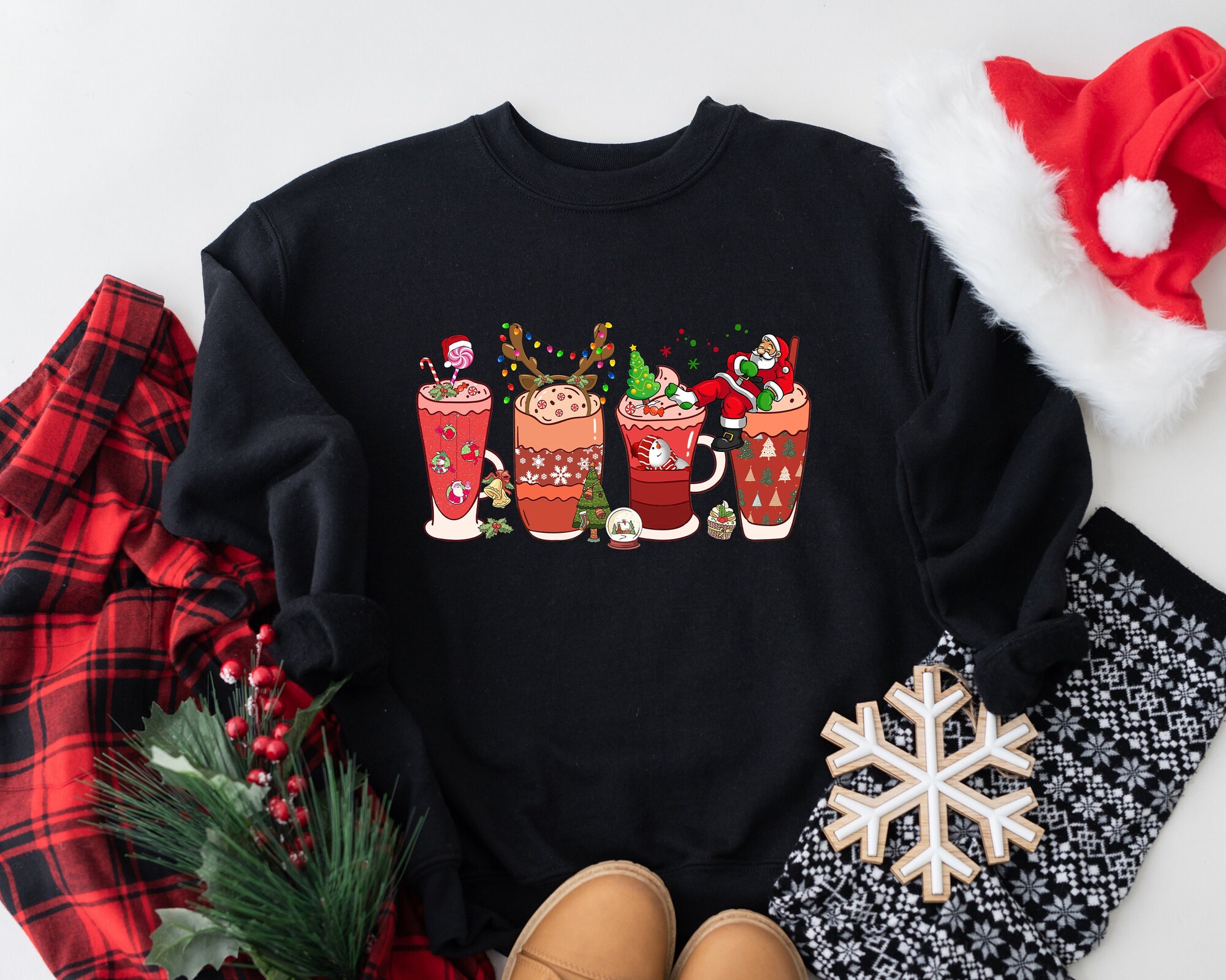 Santa Coffee Shirt | Christmas Snowmen & Deer Design | Cozy Winter Tee image 0
