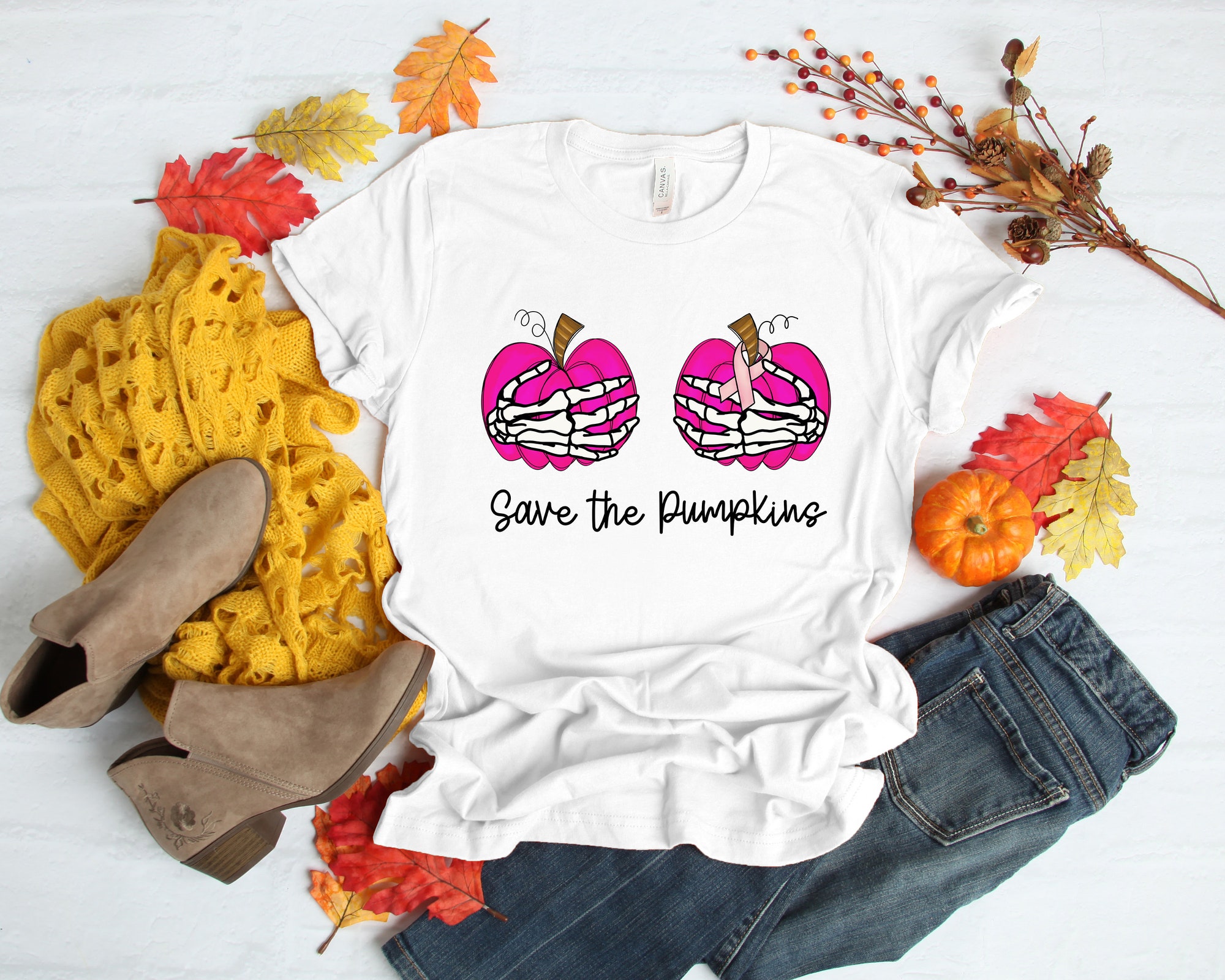 Skeleton, Save The Pumpkins Shirt, Save the Pumpkin, Pink Ribbon, Breast Cancer , Birthday gift, Breast Cancer Awareness Shirt, Halloween image 1