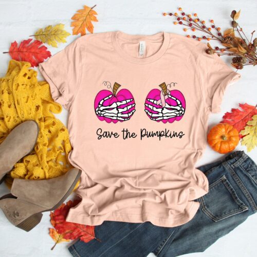 Skeleton, Save The Pumpkins Shirt, Save the Pumpkin, Pink Ribbon, Breast Cancer , Birthday gift, Breast Cancer Awareness Shirt, Halloween image 0