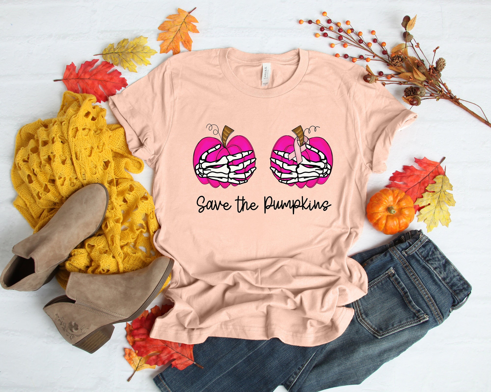 Skeleton, Save The Pumpkins Shirt, Save the Pumpkin, Pink Ribbon, Breast Cancer , Birthday gift, Breast Cancer Awareness Shirt, Halloween image 0