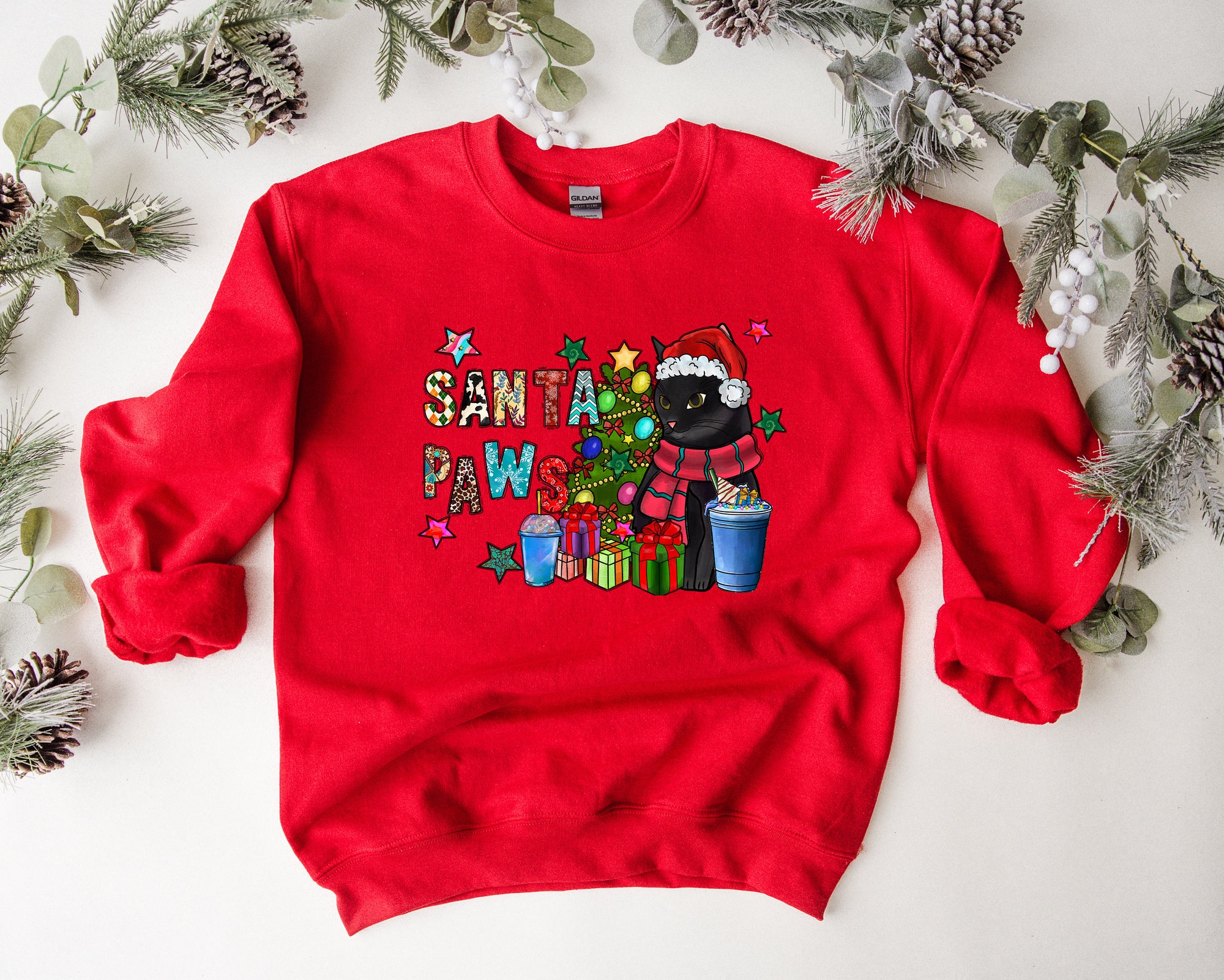 Santa Paws Christmas Shirt: Meowy Cat Lover Gift for Cat Mom image 1