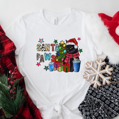 Santa Paws Christmas Shirt: Meowy Cat Lover Gift for Cat Mom image 0