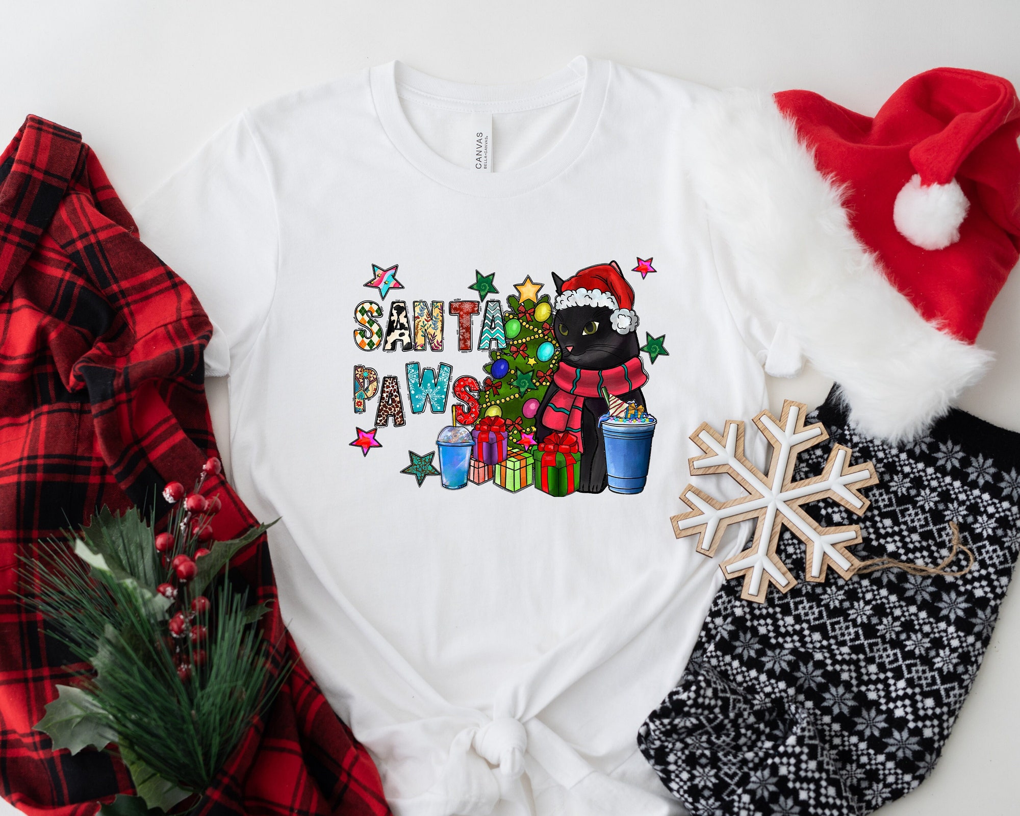 Santa Paws Christmas Shirt: Meowy Cat Lover Gift for Cat Mom image 0