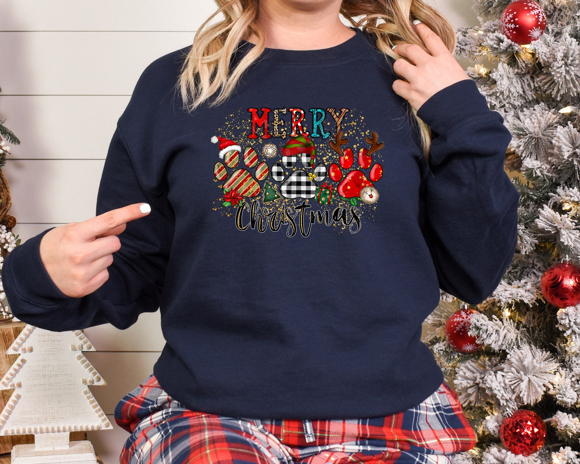 Merry Christmas Paws Shirt | Buffalo Plaid Paw Print Shirt image 1