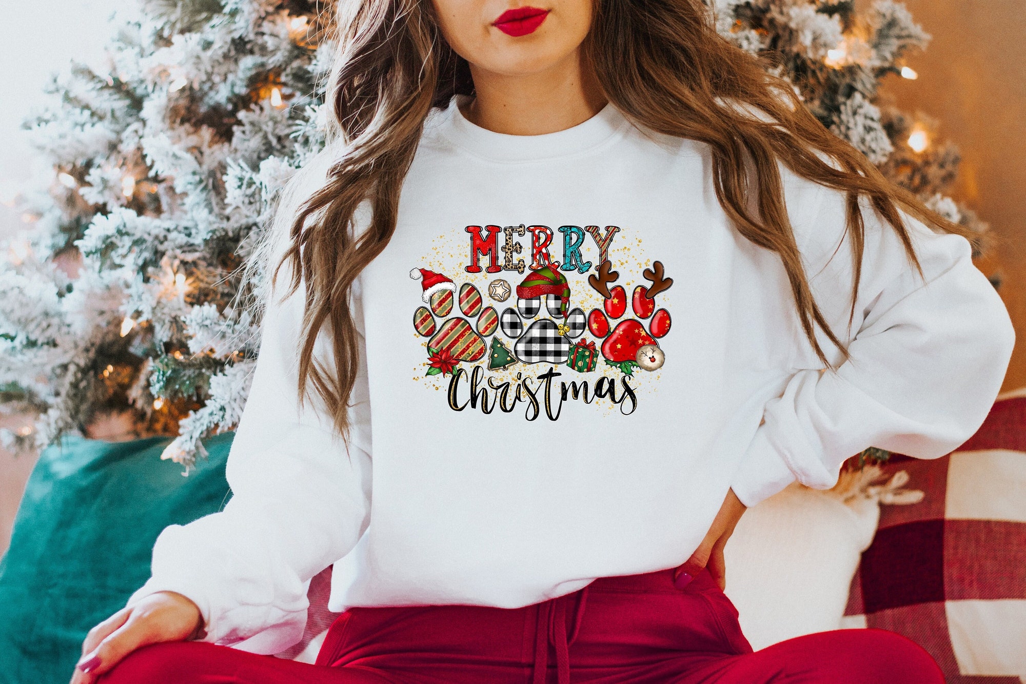 Merry Christmas Paws Shirt | Buffalo Plaid Paw Print Shirt image 0