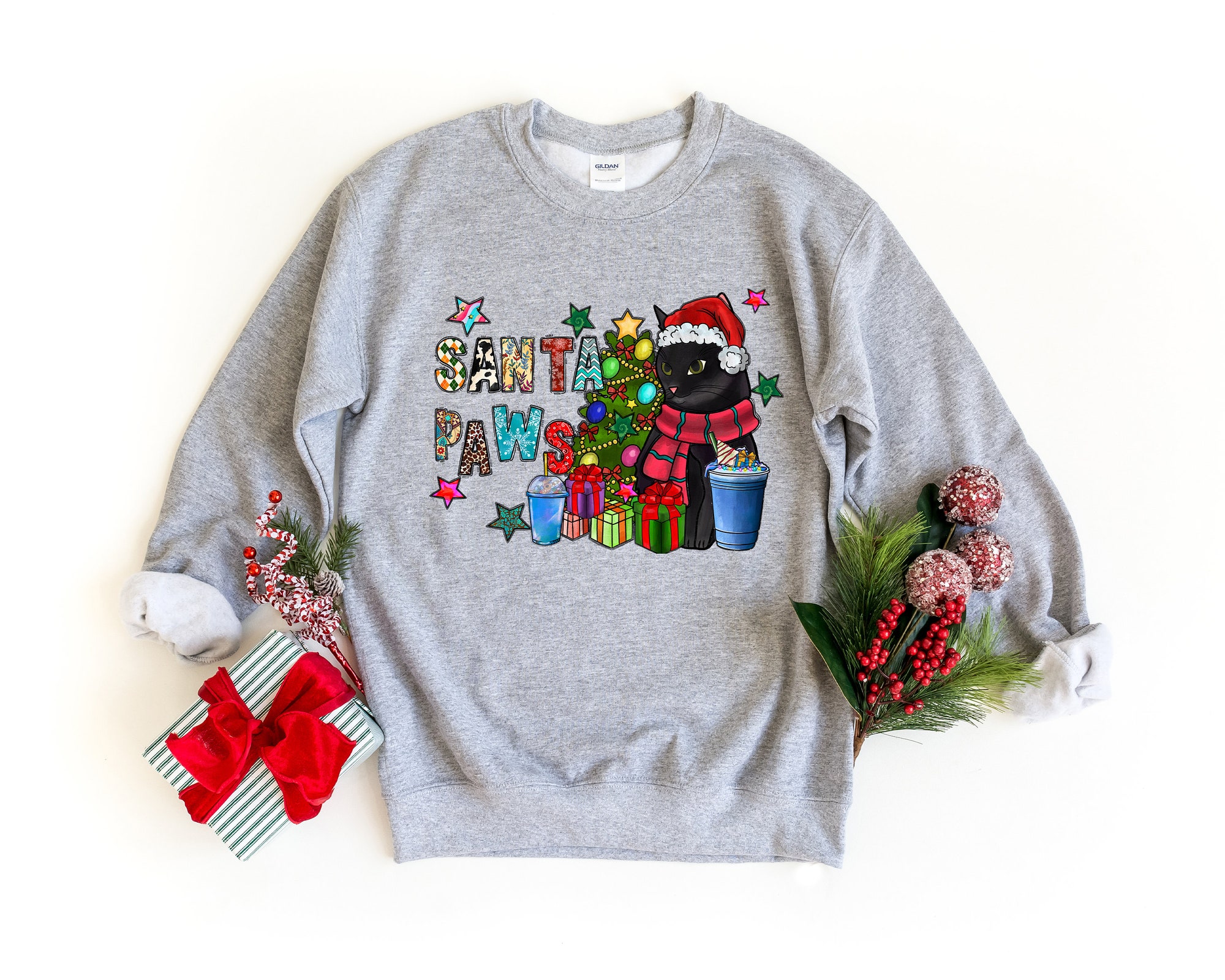 Santa Paws Christmas Shirt: Meowy Cat Lover Gift for Cat Mom image 2