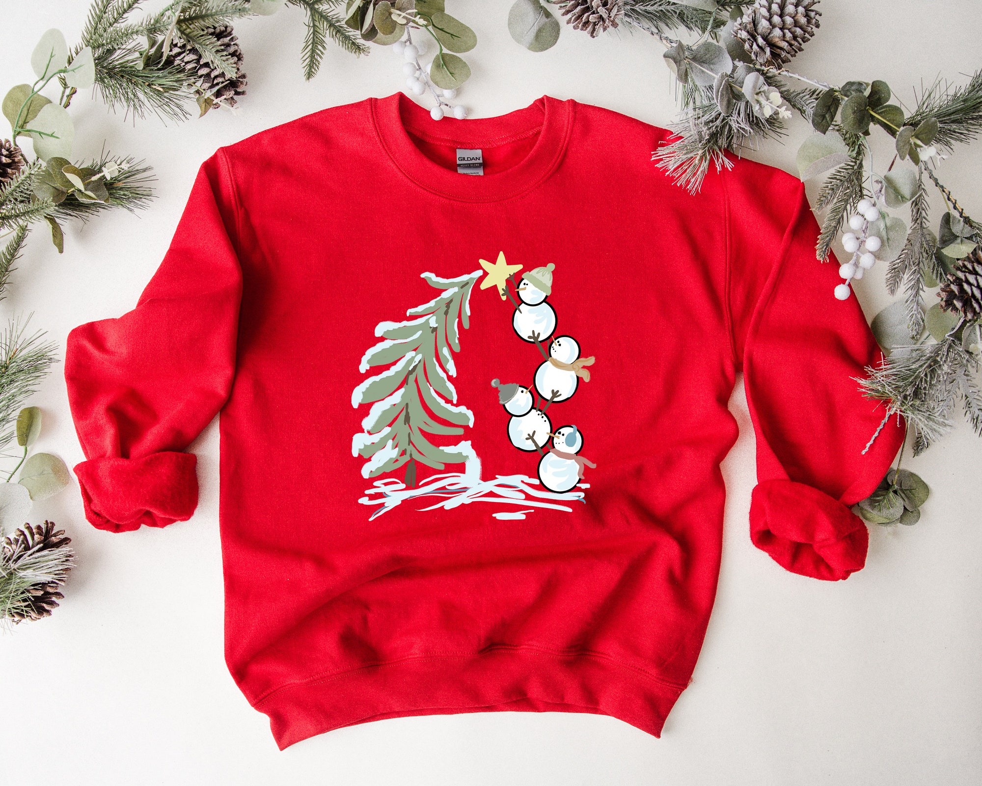 Snowman Stacking Christmas Tree Shirt | Cute Holiday Tee image 2