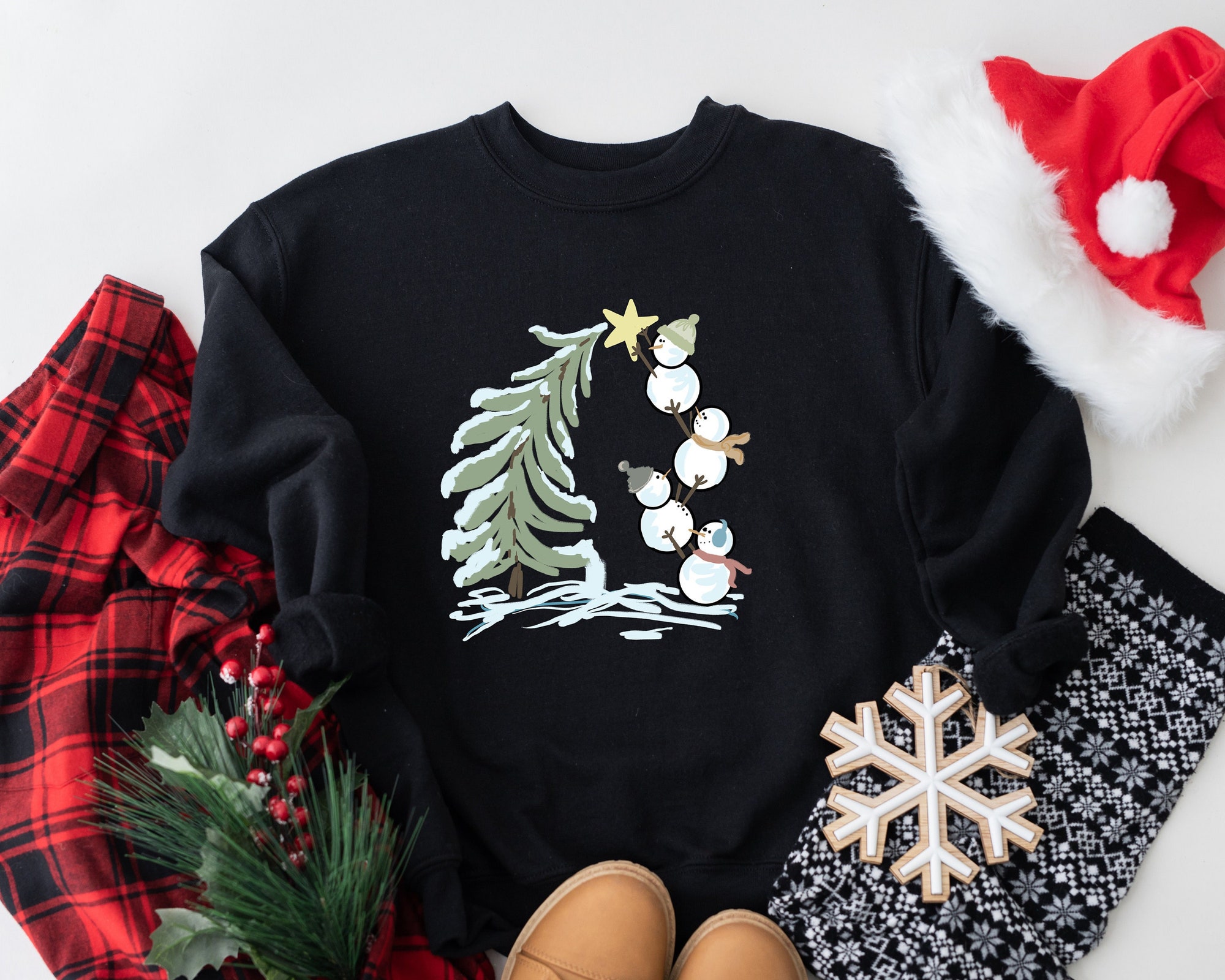 Snowman Stacking Christmas Tree Shirt | Cute Holiday Tee image 1