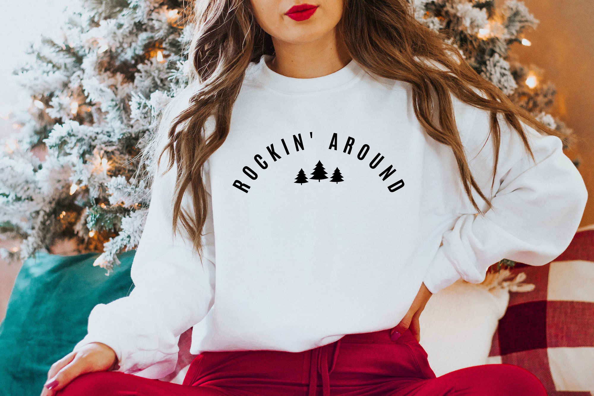 Christmas Sweatshirt, Rockin Around the Christmas Tree Shirt, Holiday Sweater, Merry Christmas Shirt, Minimal Christmas Sweatshirt, Xmas Tee image 1