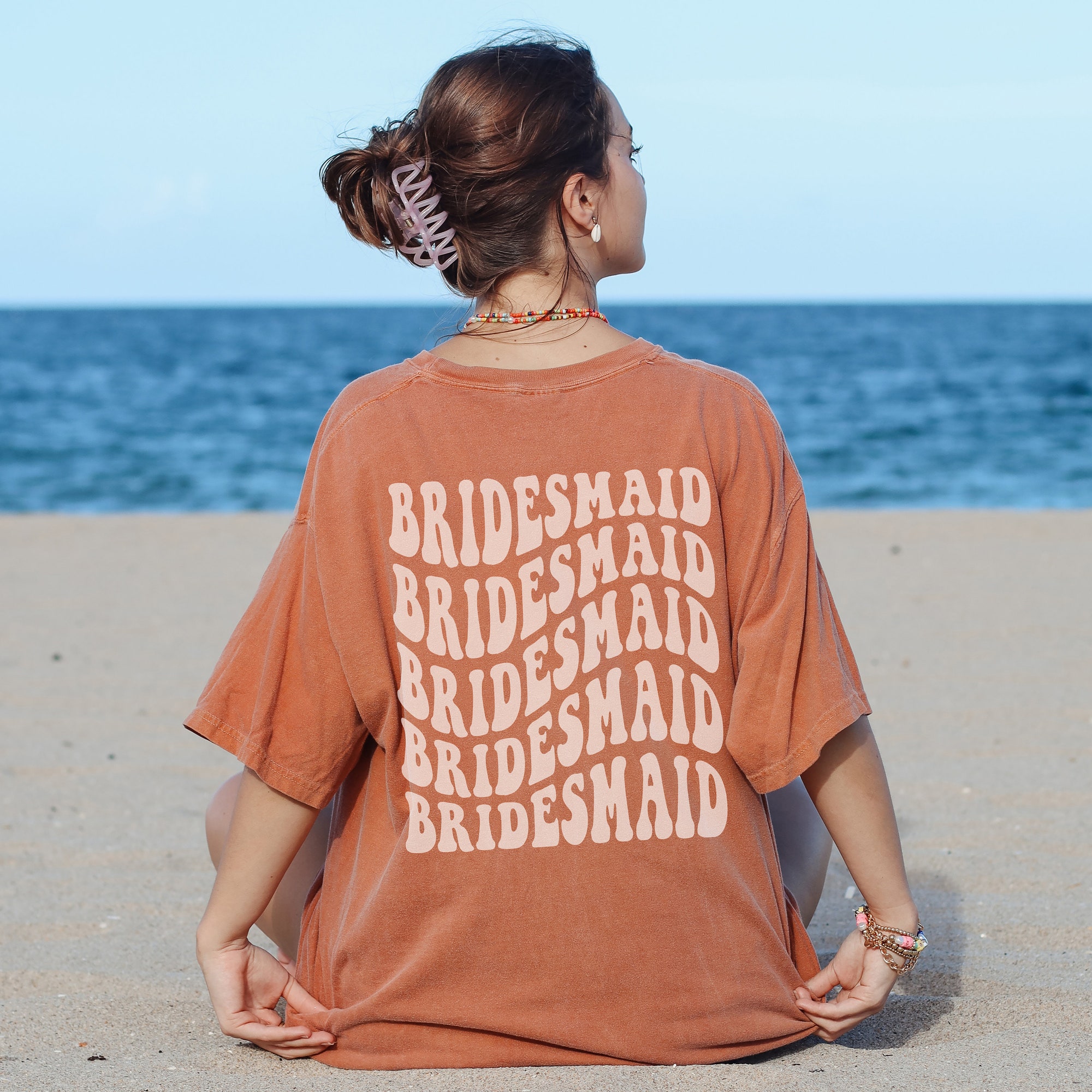 Retro Bridesmaid Shirt, Bridal Party Shirt, Groovy Bachelorette Theme Party Tee, Aesthetic Preppy, Words on Back, Boho Bride Trendy Wedding image 1