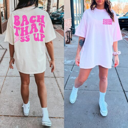 Custom Groovy Retro Bachelorette Shirt: Bach That Ass Up Pink Personalized image 0