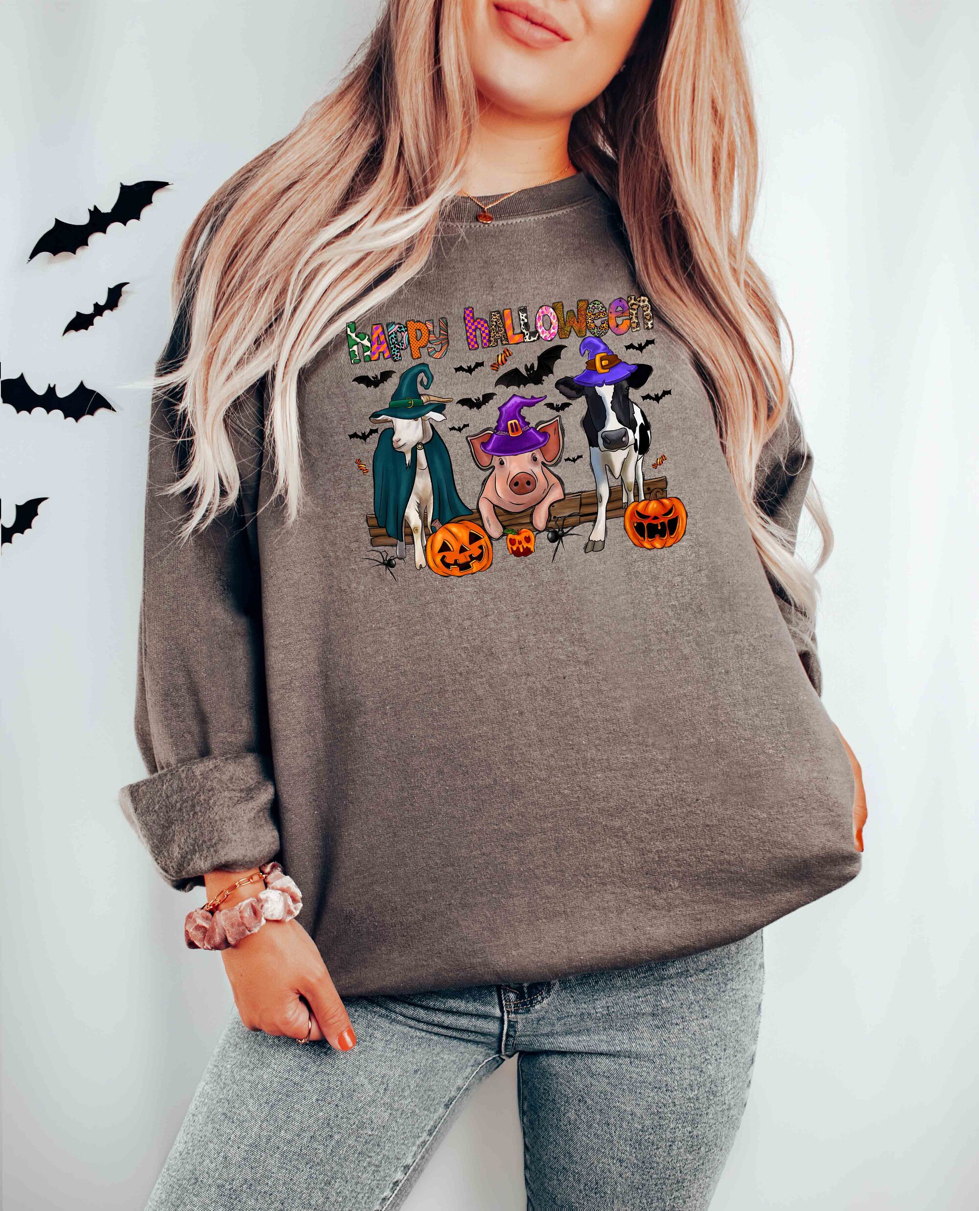 Happy Halloween Farm Sweatshirt Pig Cow Trick Or Treat image 2