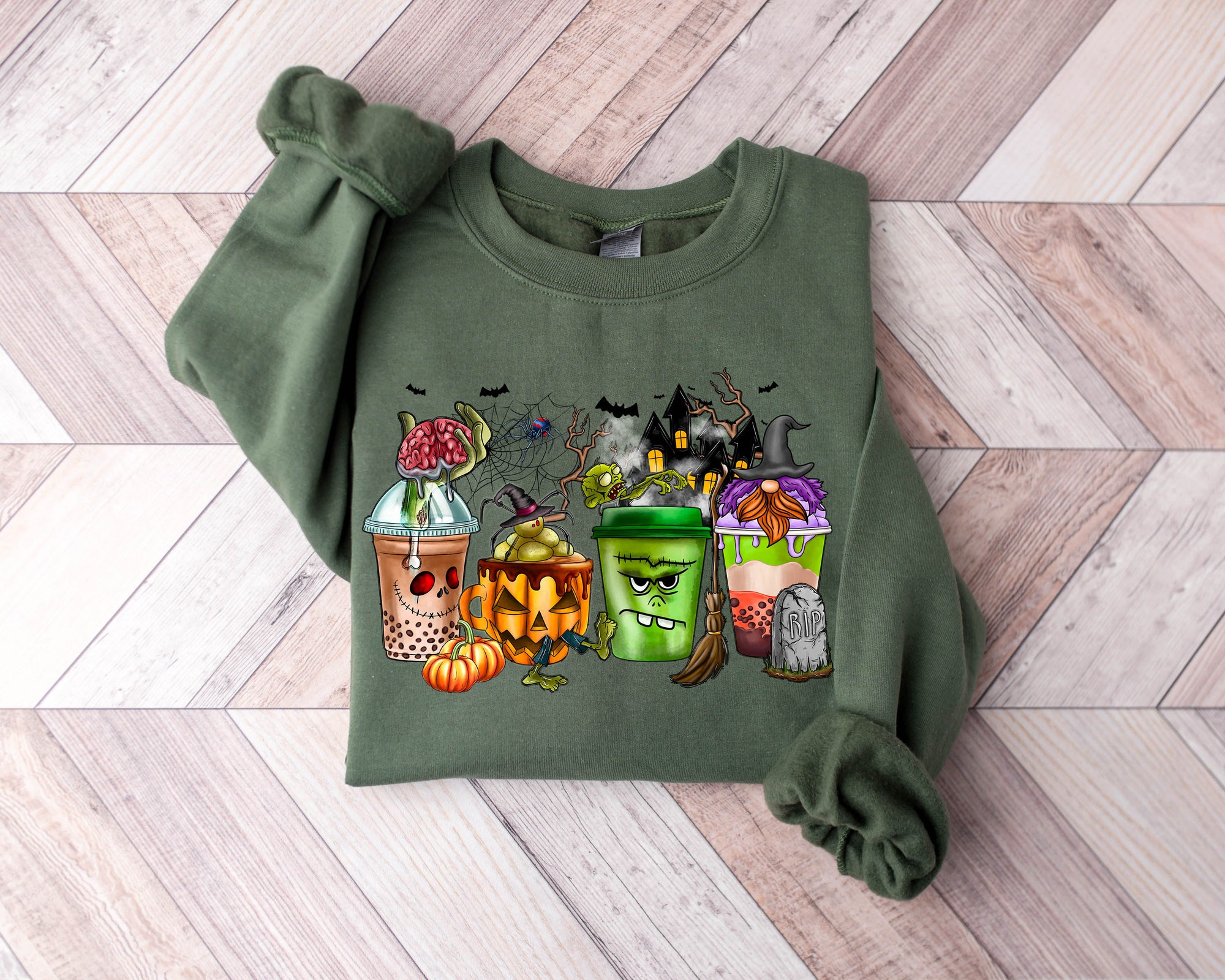 Skeleton Coffee Cups Sweatshirt: Gnomes Halloween Coffee Lover Design image 3