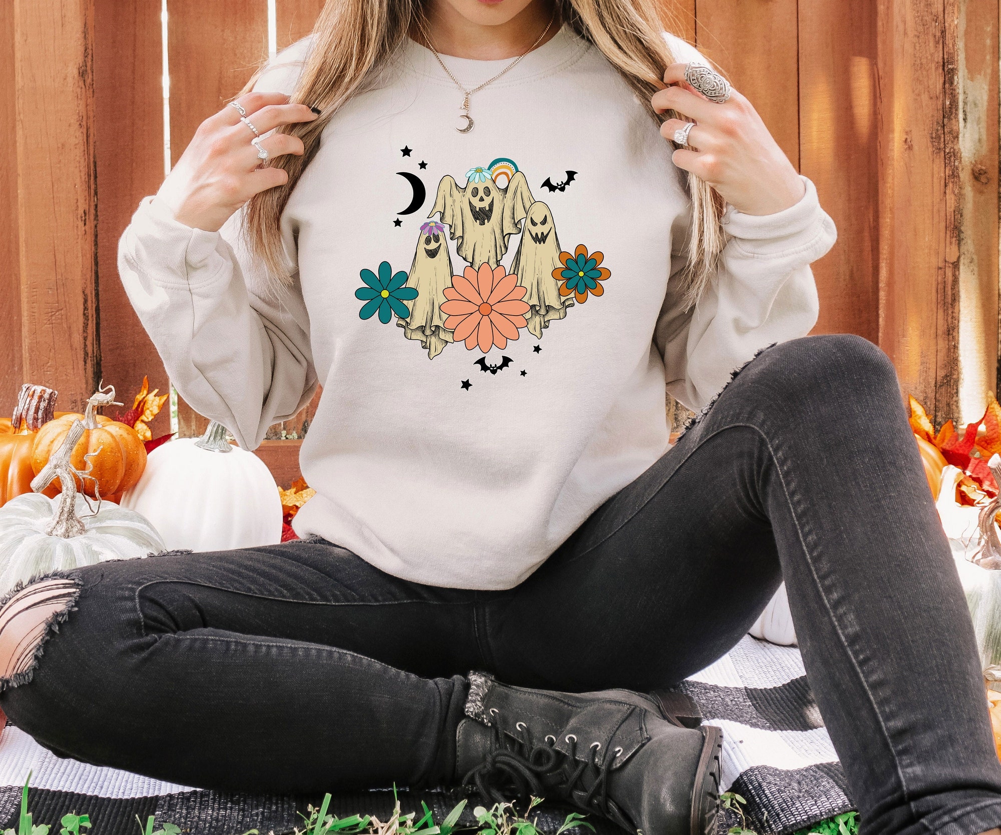 Retro Floral Ghost Halloween Sweatshirt - Spooky Season Pumpkin Sweater image 4