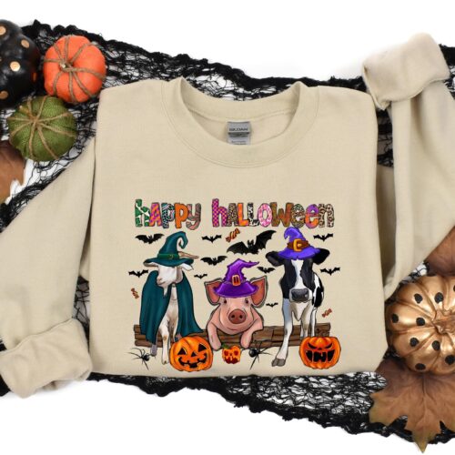 Happy Halloween Farm Sweatshirt Pig Cow Trick Or Treat image 0