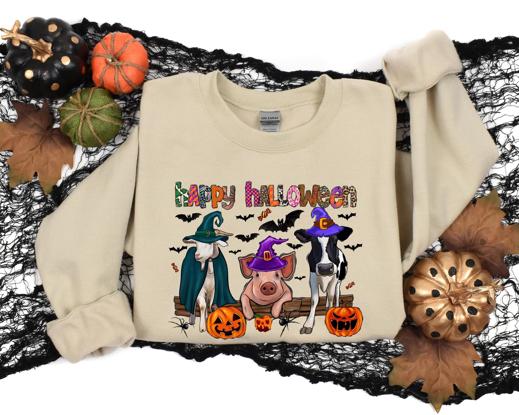 Happy Halloween Farm Sweatshirt Pig Cow Trick Or Treat image 0